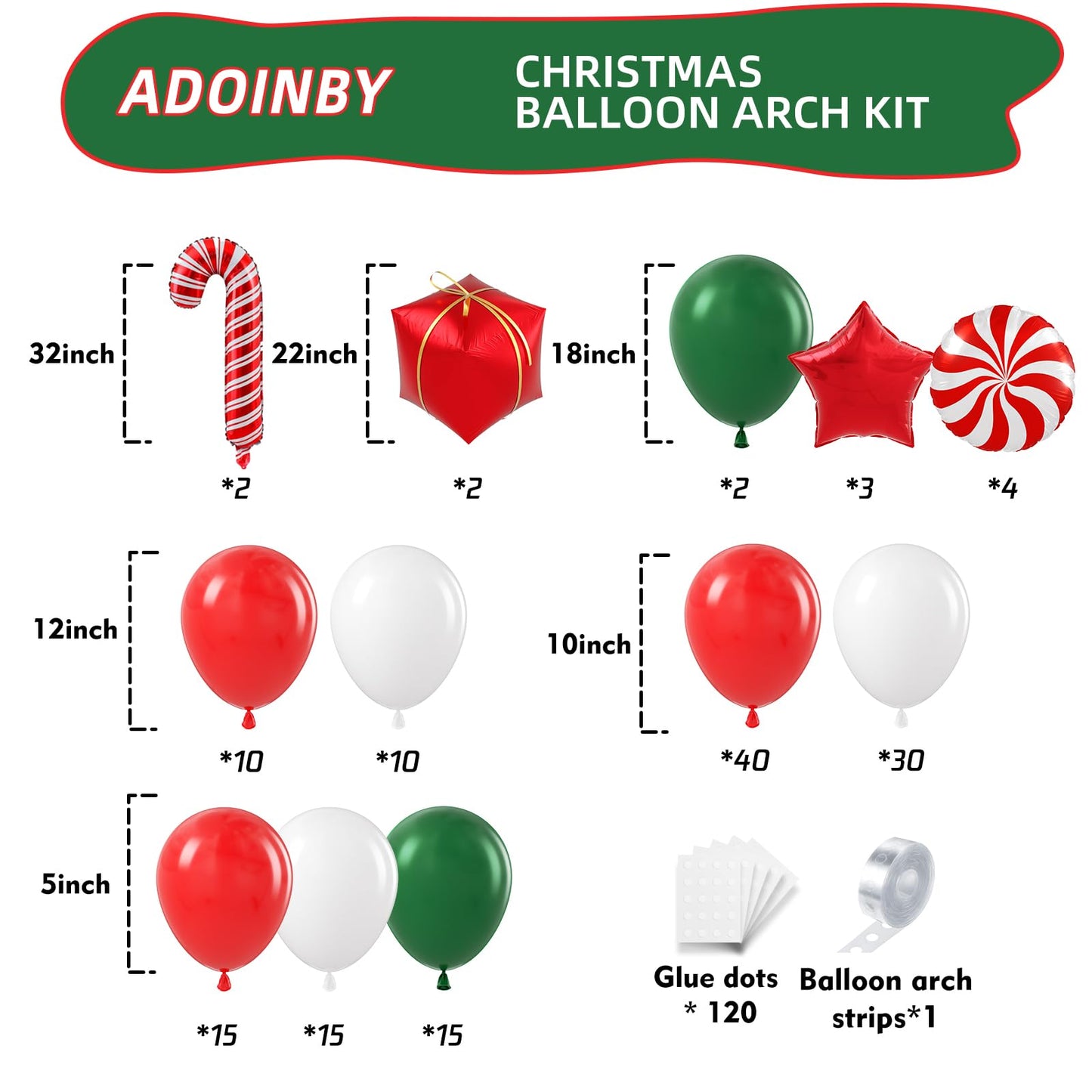 ADOINBY Christmas Balloon Arch Kit, 148Pcs Red, White, Green, Candy Cane, Gift Box, Red Candy, Red Star Party Balloon Garland Kit for Xmas Christmas New Year Birthday Party Decorations Supplies