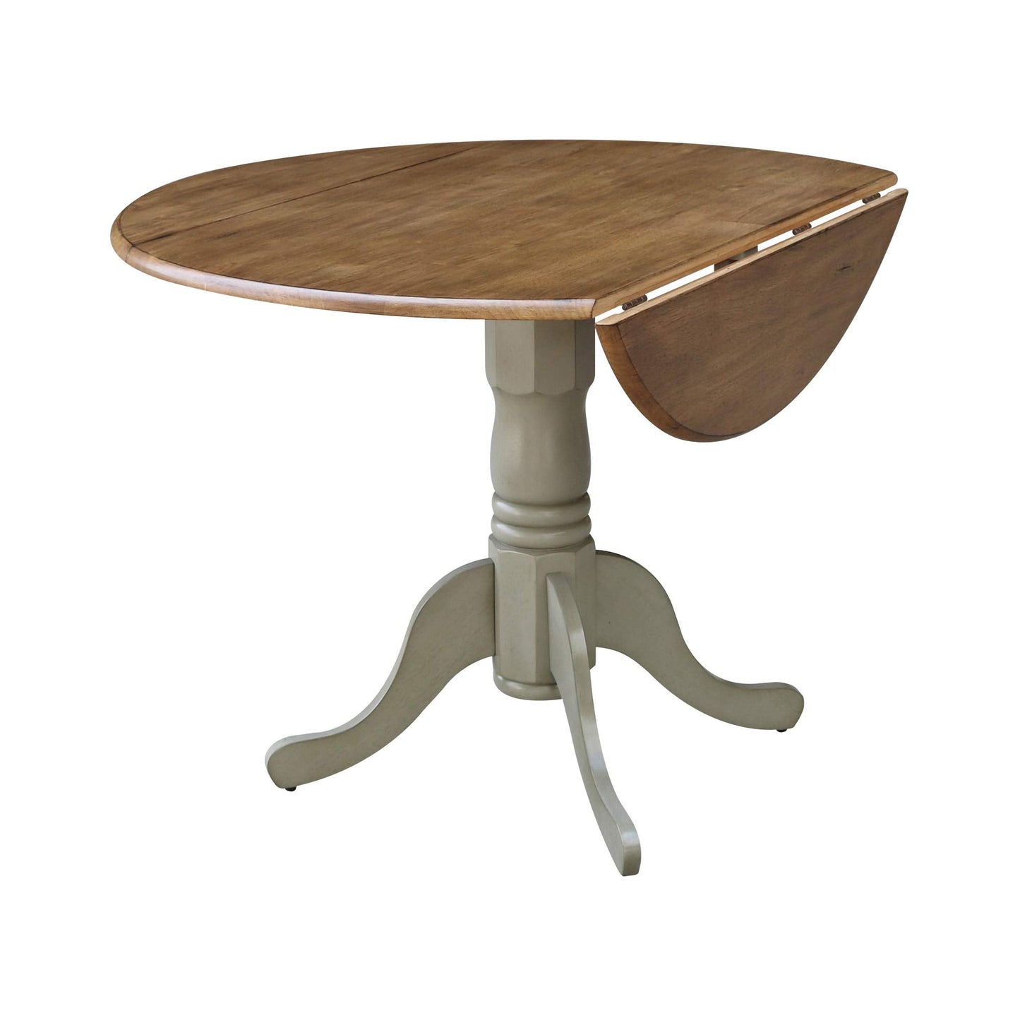 IC International Concepts, 42" Round Dual Drop Leaf Pedestal Dining Table, Solid Real Wood, Sturdy Parawood, Distressed Hickory/Stone