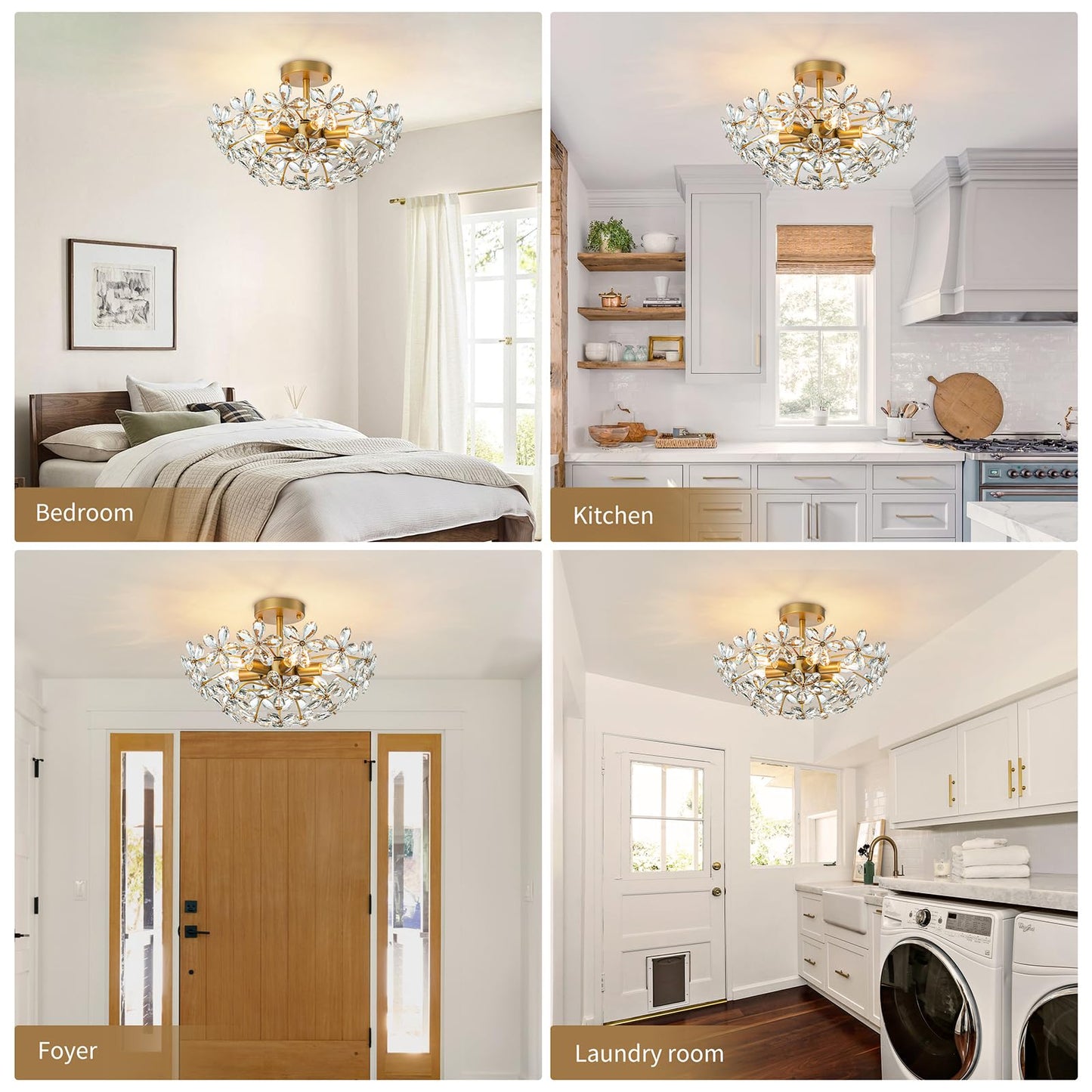 LOHOZOM Bedroom Flower Ceiling Light, Brass Gold Flush Mount Chandelier,17.7inch 6-Light Modern Crystal Closet Ceiling Light Fixture for Kitchen Girl Room Hallway Entryway Foyer
