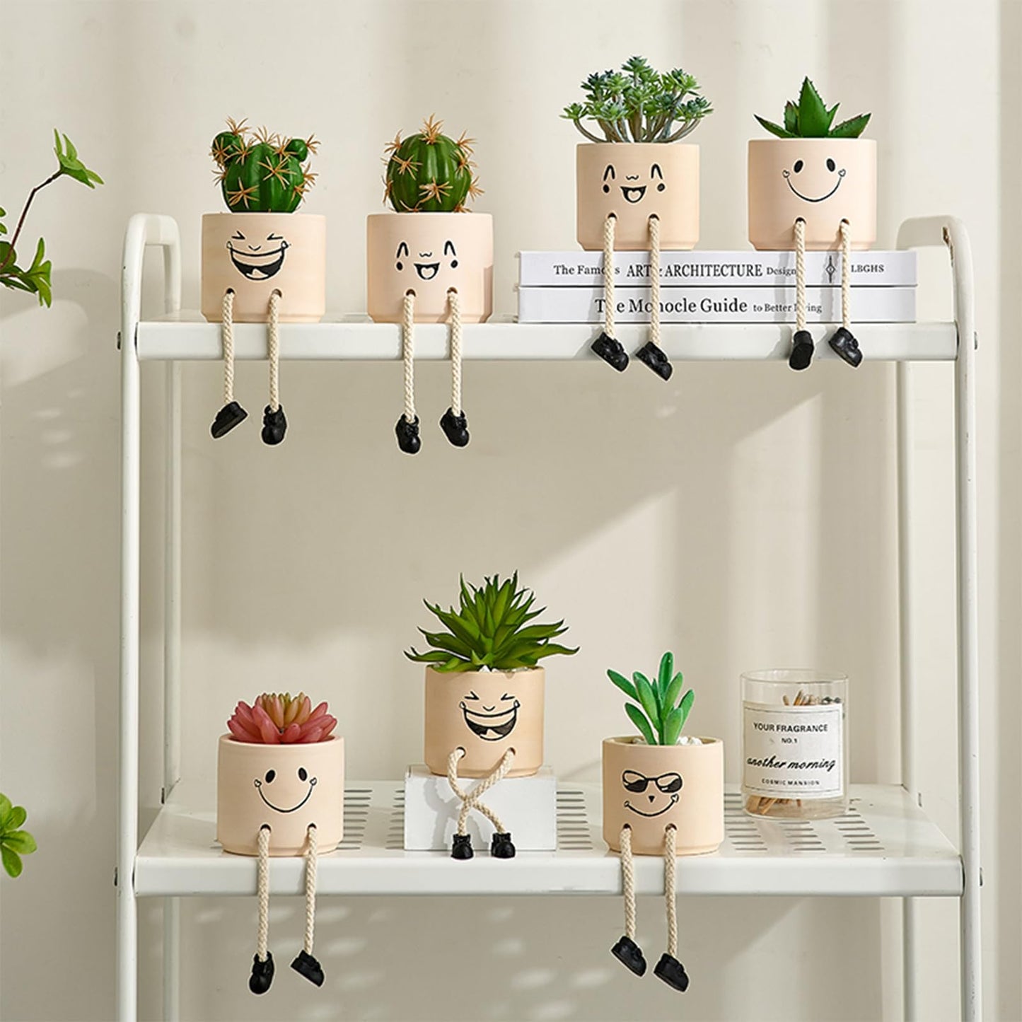 KAKAHOUS Smile Face Planter Pot Ceramic Flower Head Planters with Hanging Foot Doll Succulent Pots for String of Pearls Plant Live Gift Ideas for Mother, Christmas(Laughing)
