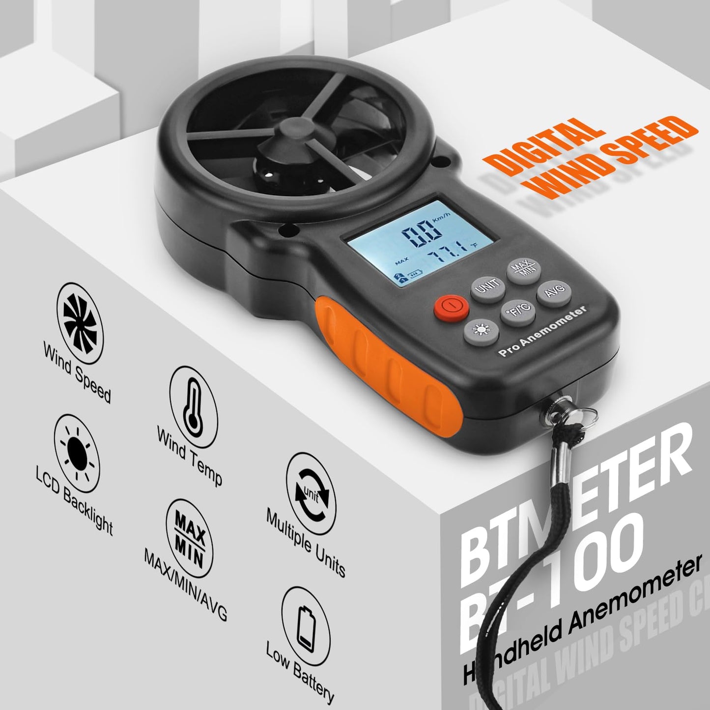 Digital Anemometer Handheld - BTMETER BT-100 Wind Speed Meter Gauge, Accurately Measure Wind Velocity Temperature Speed for CFM with MAX/MIN/AVG, Backlight LCD, HVAC