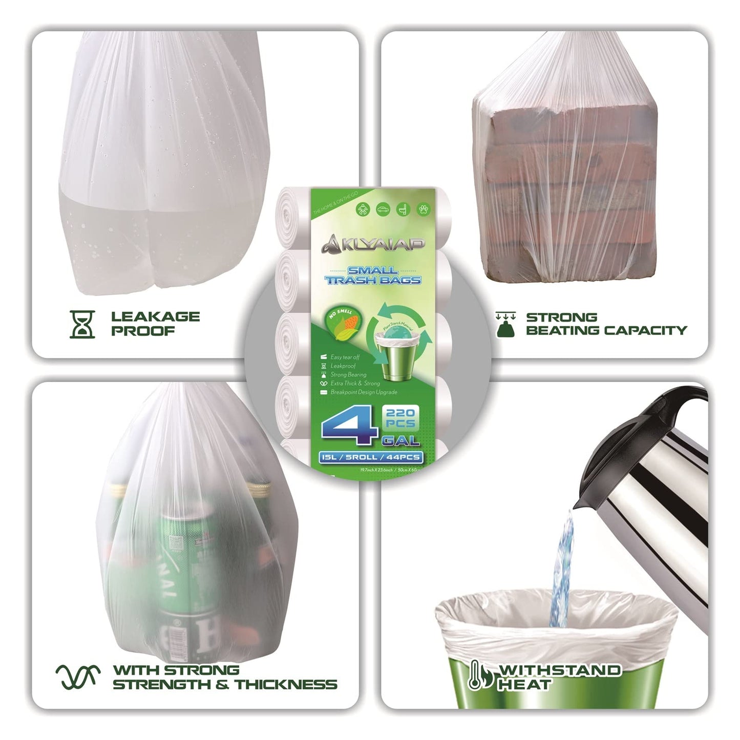 220 Counts Aklyaiap 4 Gallon Trash Bag,Tear & Leak Resistant Bathroom Biodegradable Small Garbage Can Bags Unscented for Home & Kitchen, 5Rolls, White