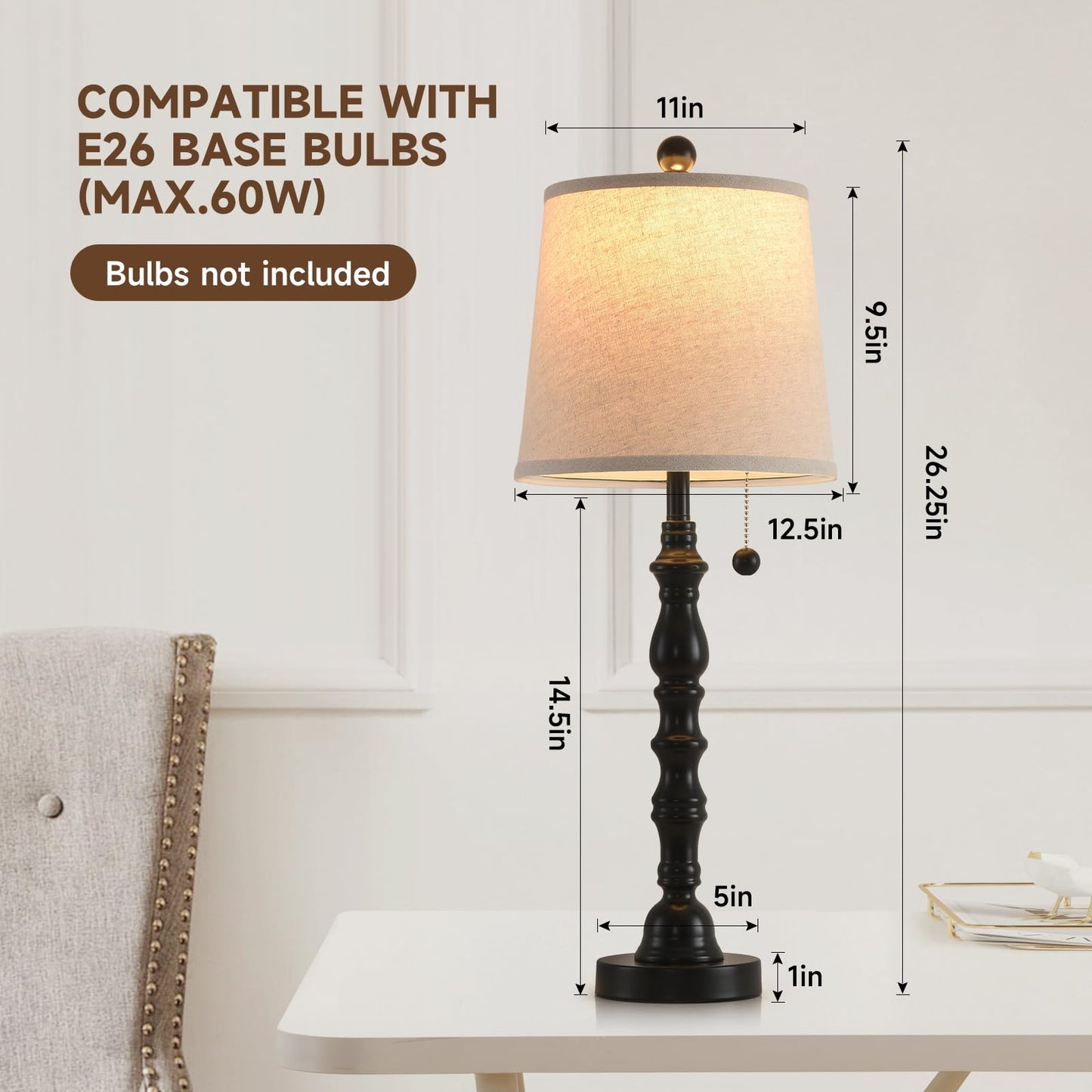 Terpsichore Lamps Set of 2 Modern Farmhouse Table Lamp Bedside Reading Lamps Living Room End Tables Set Lamps for Night Stands Bedroom Night Lamp,High 26.25 Inch, (Black, High 26.25 inches)