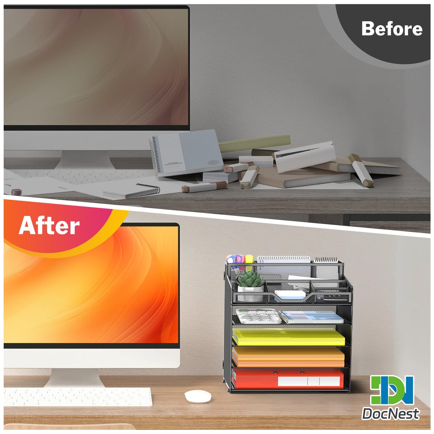 Docnest Multi-Functional Desk Organizer Tray, 5 Tier Paper Letter Tray Organizer with 3 Pen Holder, Mesh Desktop Storage with 5 Adjustable Compartments for Office Supplies-Black