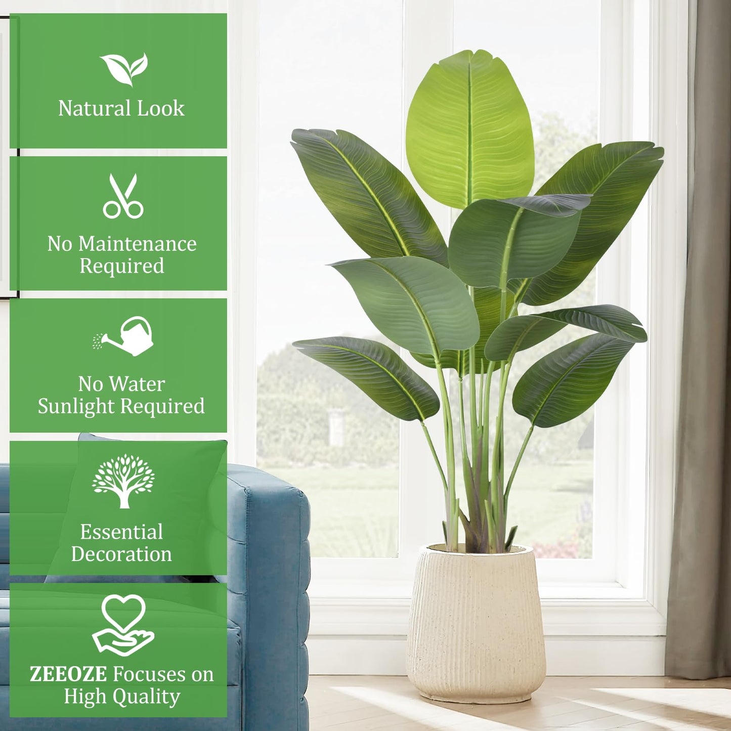 ZEEOZE Artificial Bird of Paradise Plant 4Ft Tall Fake Tropical Palm Tree Large Fake Plants with 9 Silk Banana Leaves Faux Plant Indoor Decor Trees with White Pot for Home Bedroom Living Room Office