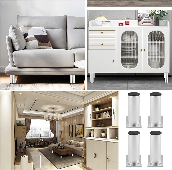 Set of 4 Furniture Legs 4 Inch, Adjustable Aluminum Alloy Cabinet Legs