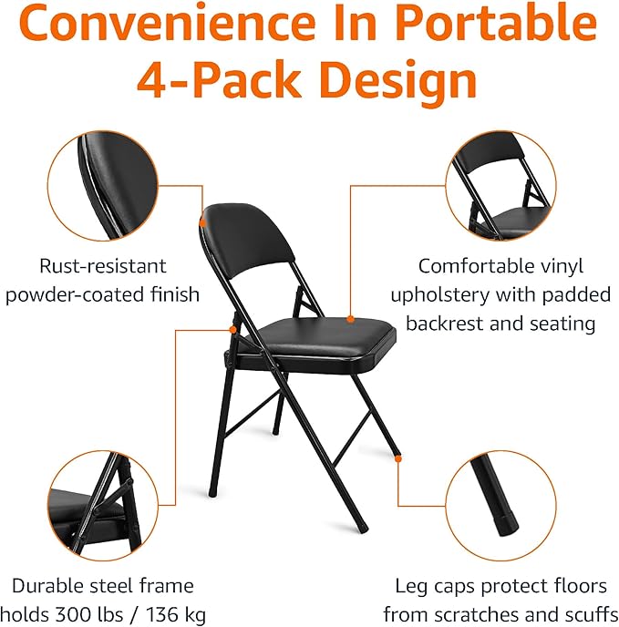 Amazon Basics Comfortable Vinyl-Padded Metal Steel Folding Chairs for Events, Easy to Fold and Store, Black, 4-Pack