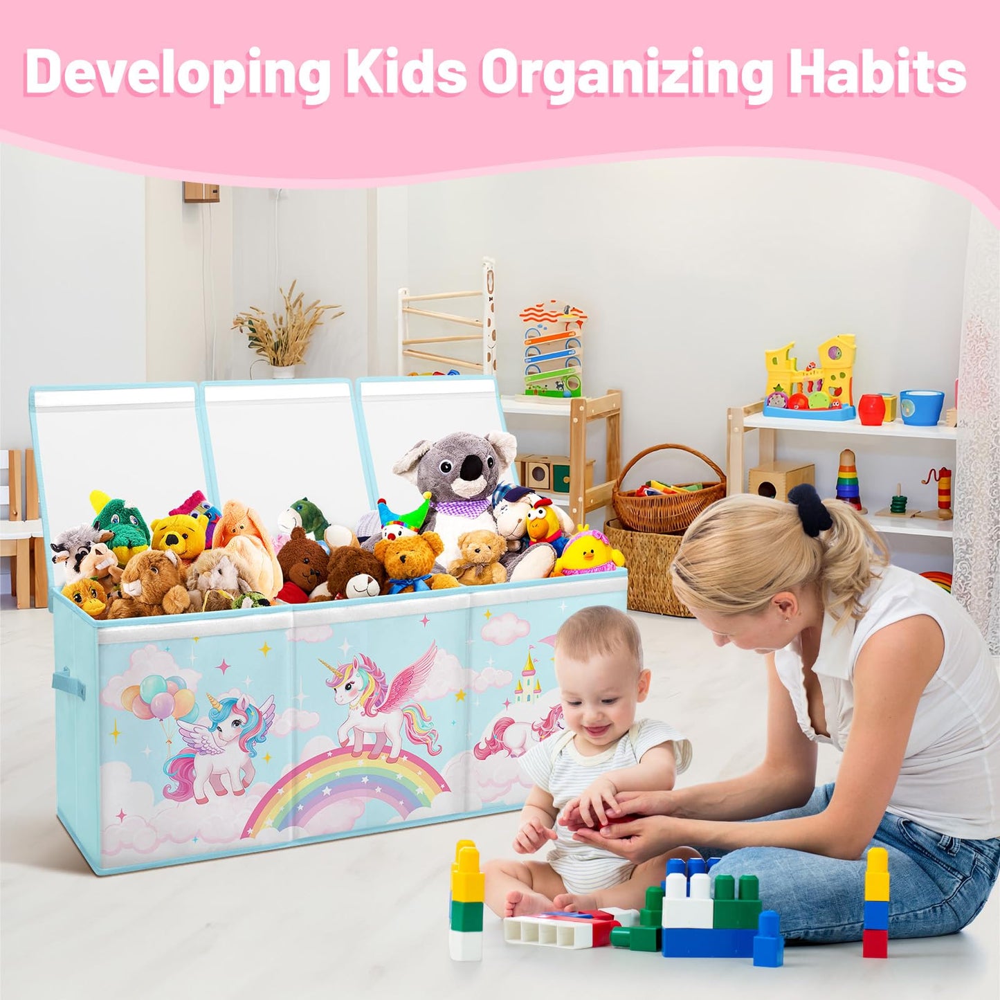 Toy Storage Bin with Lids,Extra Large Toy Box Chest with Handles for Kids Boys Girls,Collapsible Storage Organizer Box Bin Basket for Bedroom,Playroom, Nursery,37.8"x12.6" x15.7",Rainbow Unicorn