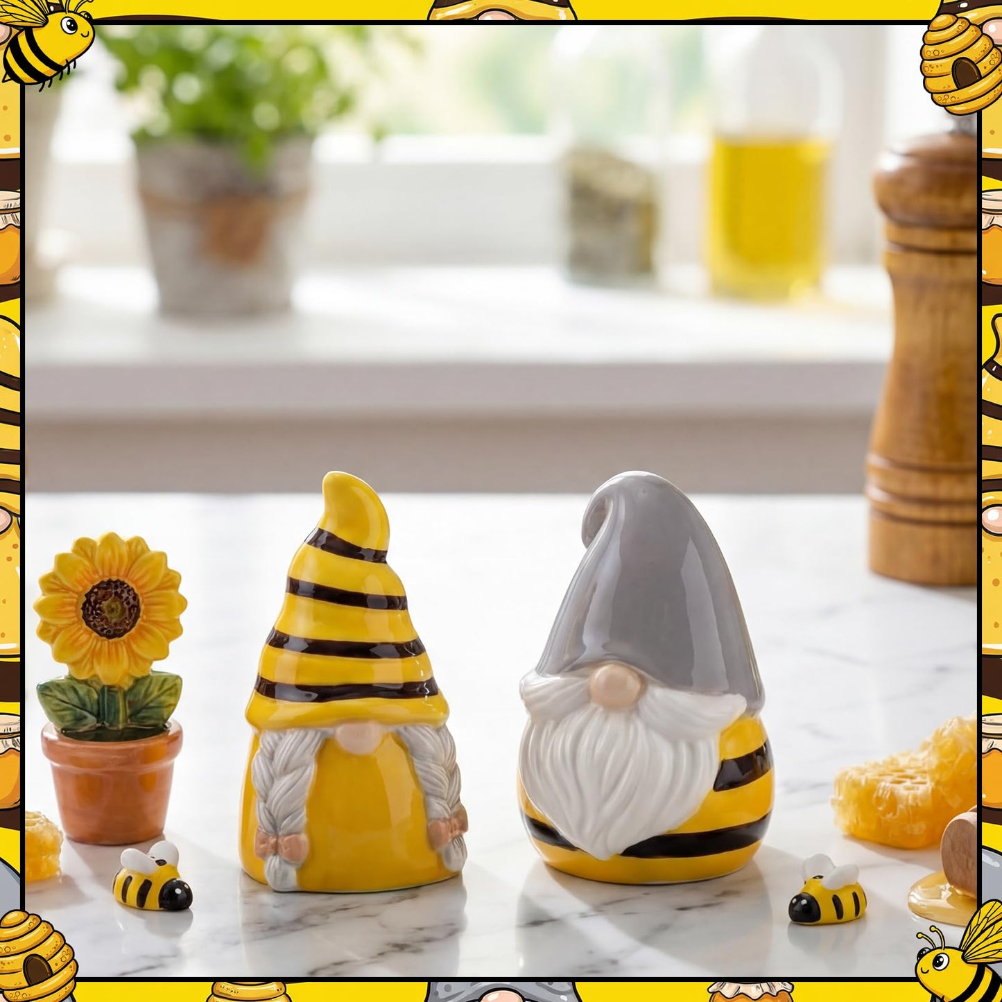 Vesici Honey Bee Salt and Pepper Shakers Set of 2 Bee Gnome Salt and Pepper Shakers 3.3 Inch Spring Gnome Ceramic Tabletop Figurines for National Honeybee Day Gifts Kitchen Counter Accessories