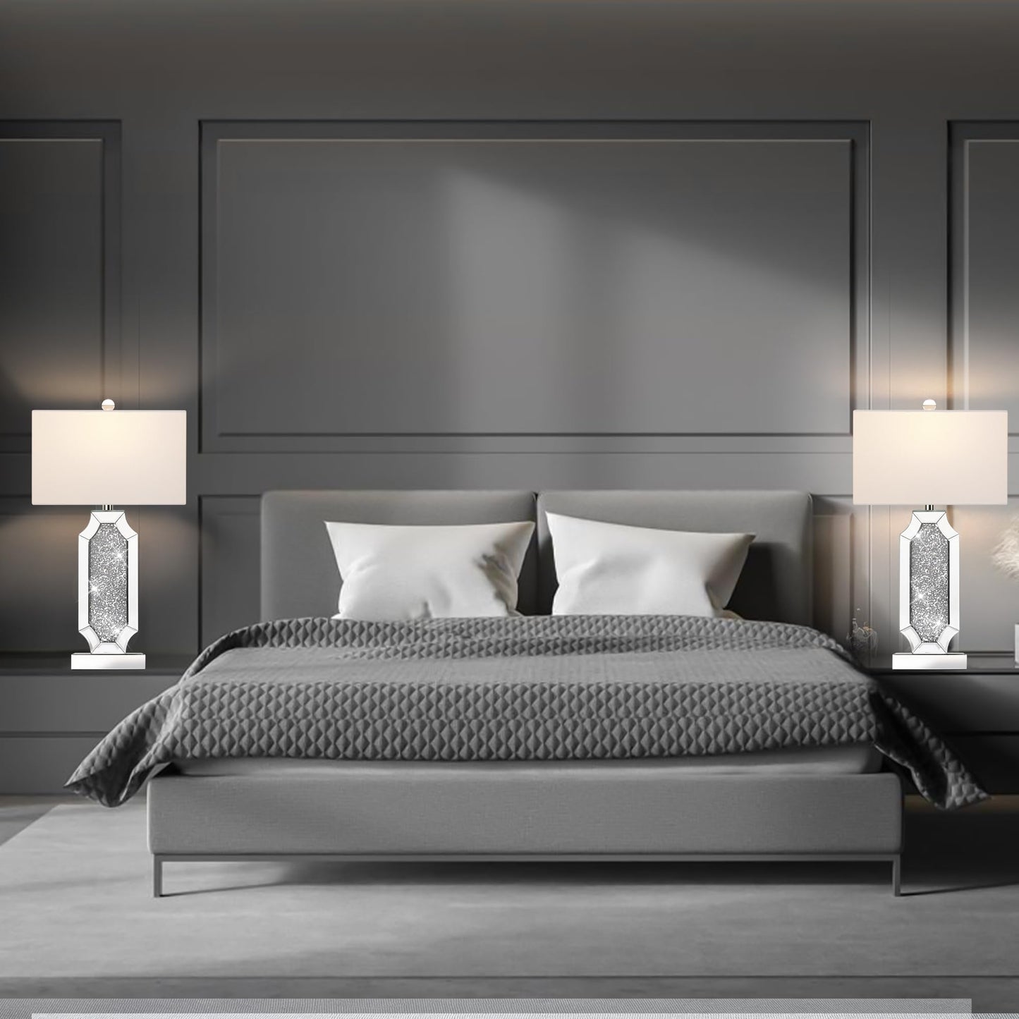 Hamucd 3-Way Dimmable Touch Diamond Crushed Mirrored Bedside Table Lamps Set of 2 for Living Room with USB A+C Ports,Tall Silver Modern Bling Nightstands Lamps for Bedroom with 2 Bulbs (Silver)
