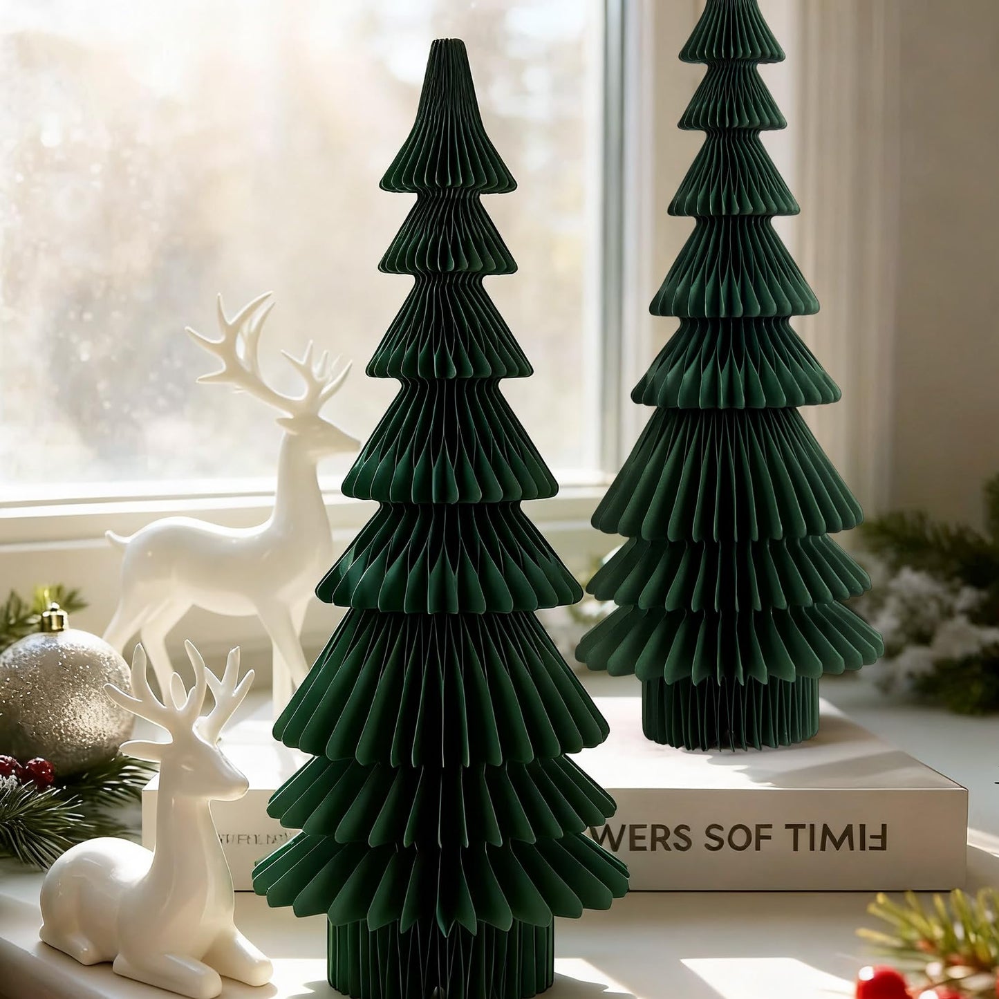 OBBOLO 20 Inch Green Paper Christmas Tree, 2 Pcs Foldable Honeycomb Tabletop Christmas Decorations with Magnetic Closure, Reusable Paper Trees for Holiday Table Centerpieces and Mantel