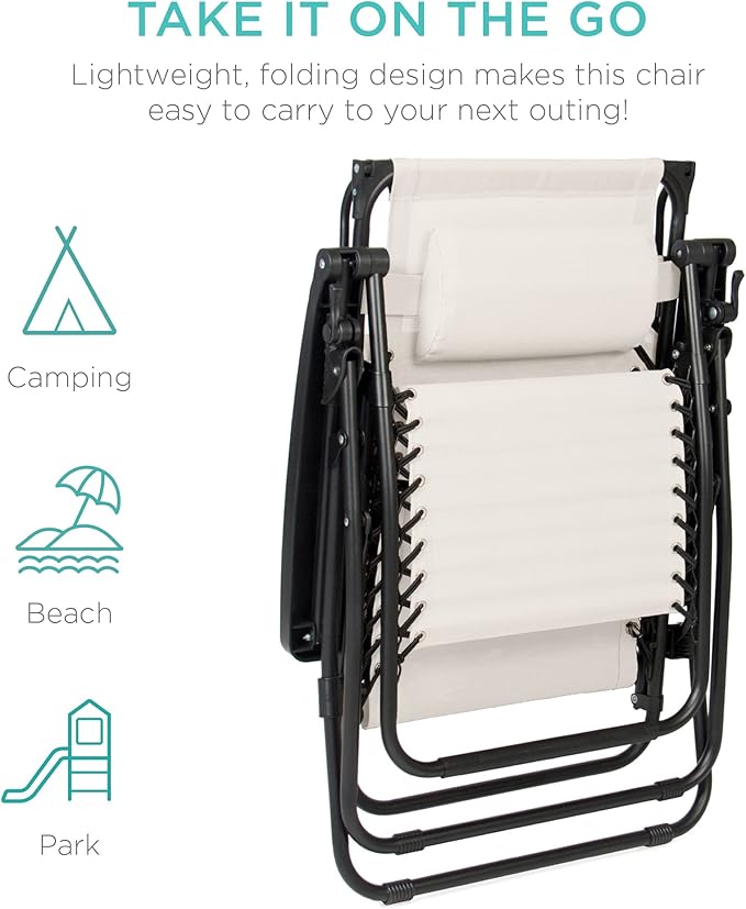 Best Choice Products Folding Zero Gravity Outdoor Recliner Patio Lounge Chair w/Adjustable Canopy Shade, Headrest, Side Accessory Tray, Textilene Mesh - Ivory