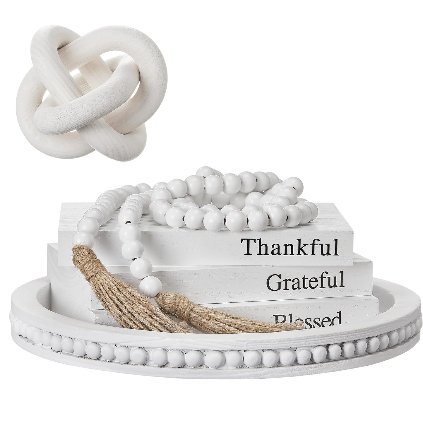 GlikCeil 6 Pcs Rustic Wooden Coffee Table Tray Decoration Set, Round Beaded Tray Wood Chain Bead Garland with Tassels and 3 Decorative Books for Farmhouse Living Room Home Decor(Thankful,White)