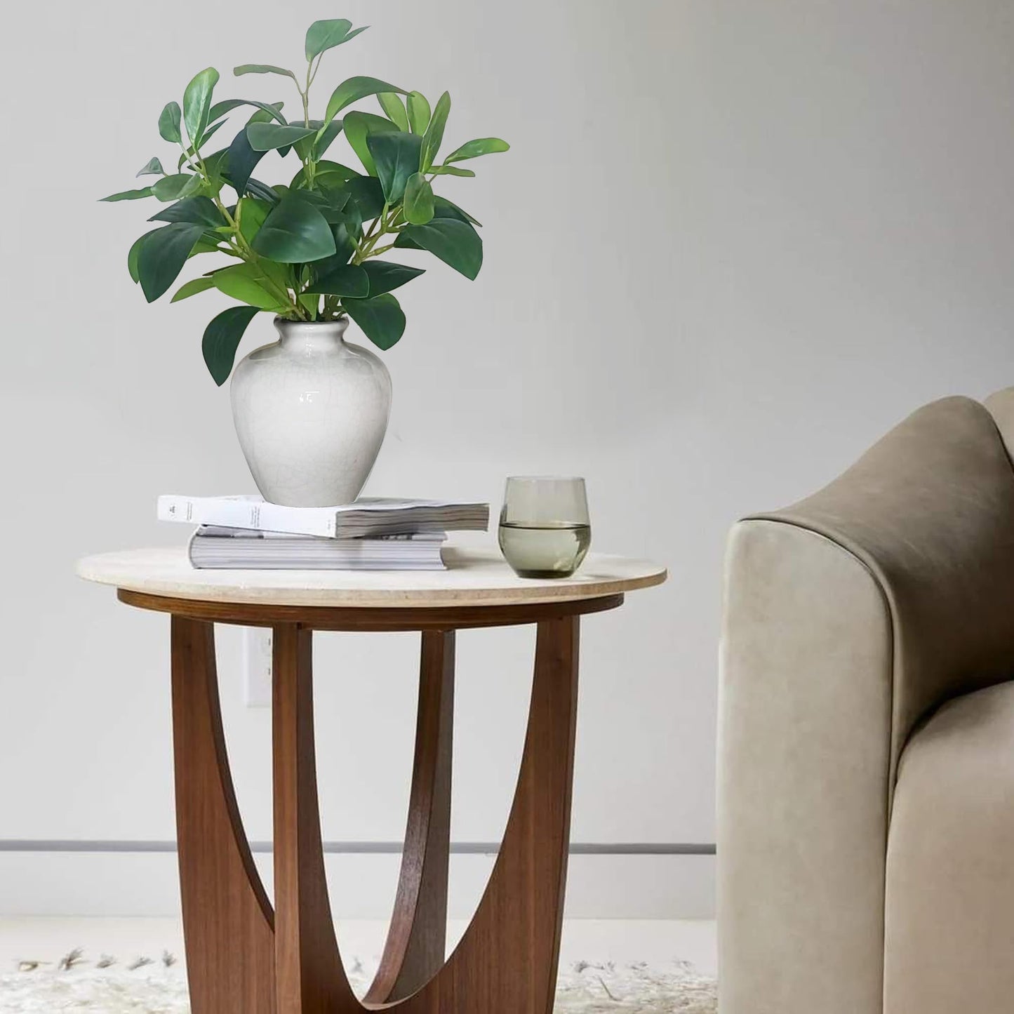 XINMAMODA 13-inch Artificial Pilea Leaves - Fake Green Plants in the Ceramic vase, Small Bedroom Faux Potted Plant, Suitable for Rustic Style bathrooms, Kitchens, desks as Decoration.