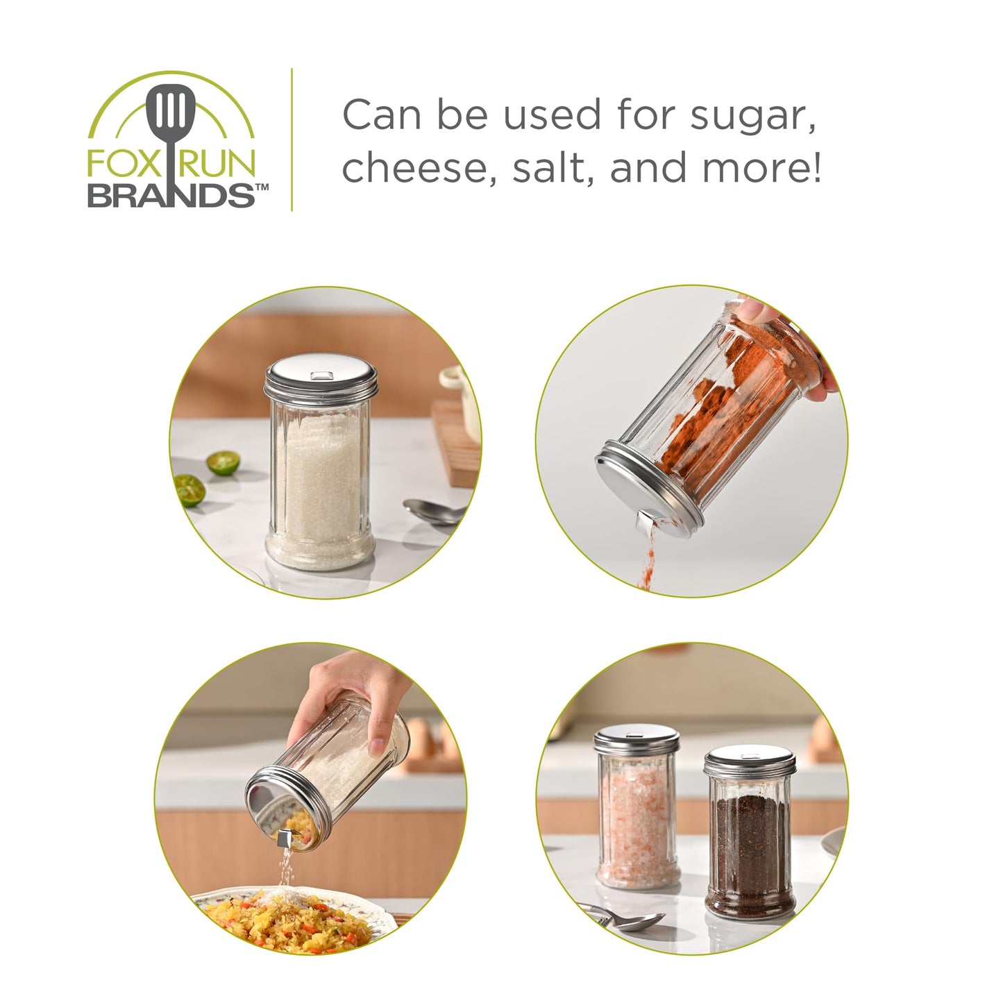 Fox Run Classic Glass Sugar Shaker, 12 Ounce Salt and Sugar Container With Stainless Steel Lid