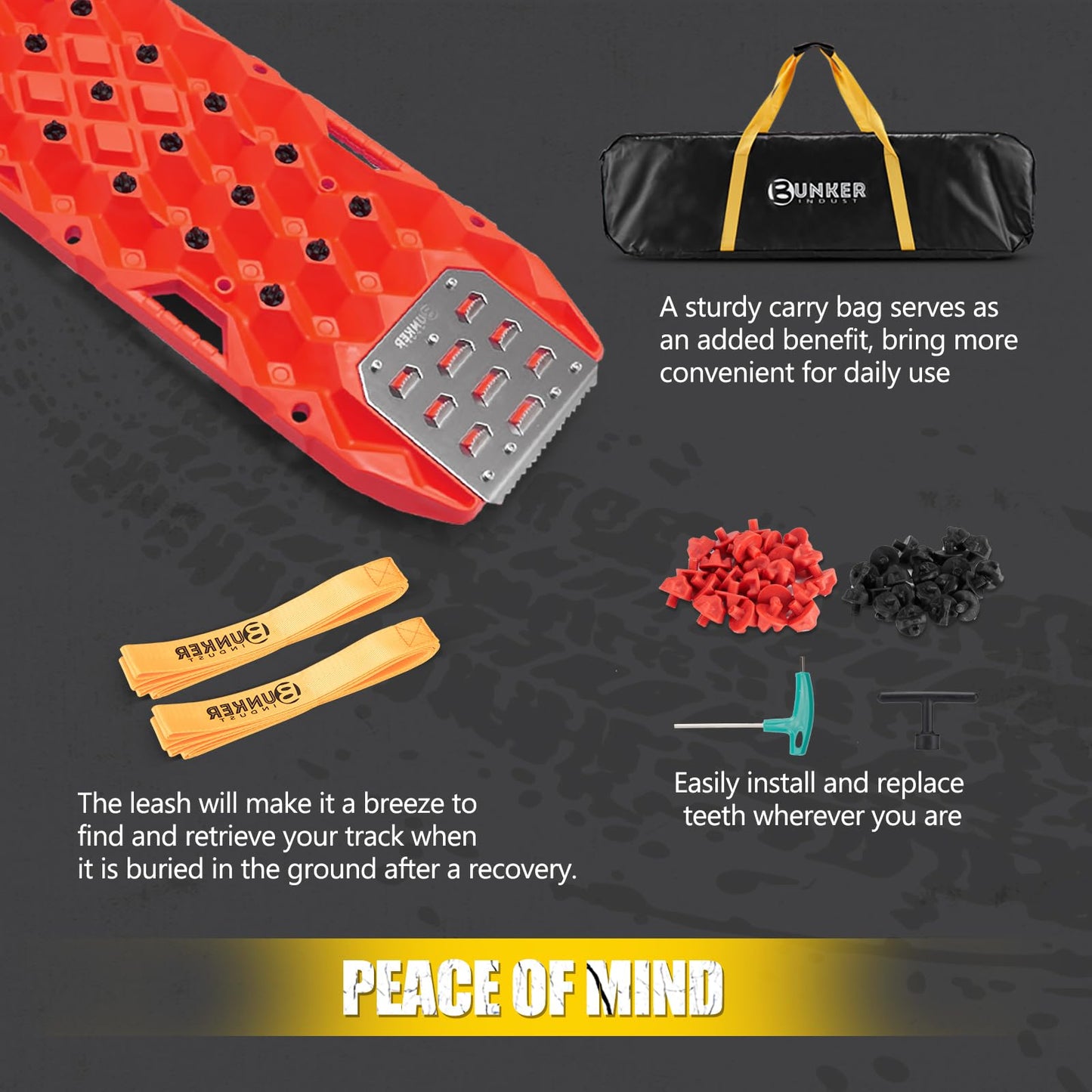 BUNKER INDUST Offroad Traction Board with Jack Base,Pair 47.24"L x 14"W Recovery Track Tire Traction Mat -Red Sand,Mud,Snow Ramps (Replaceable Dual Colors Teeth/Rugged Steel Plate) Gen 11th
