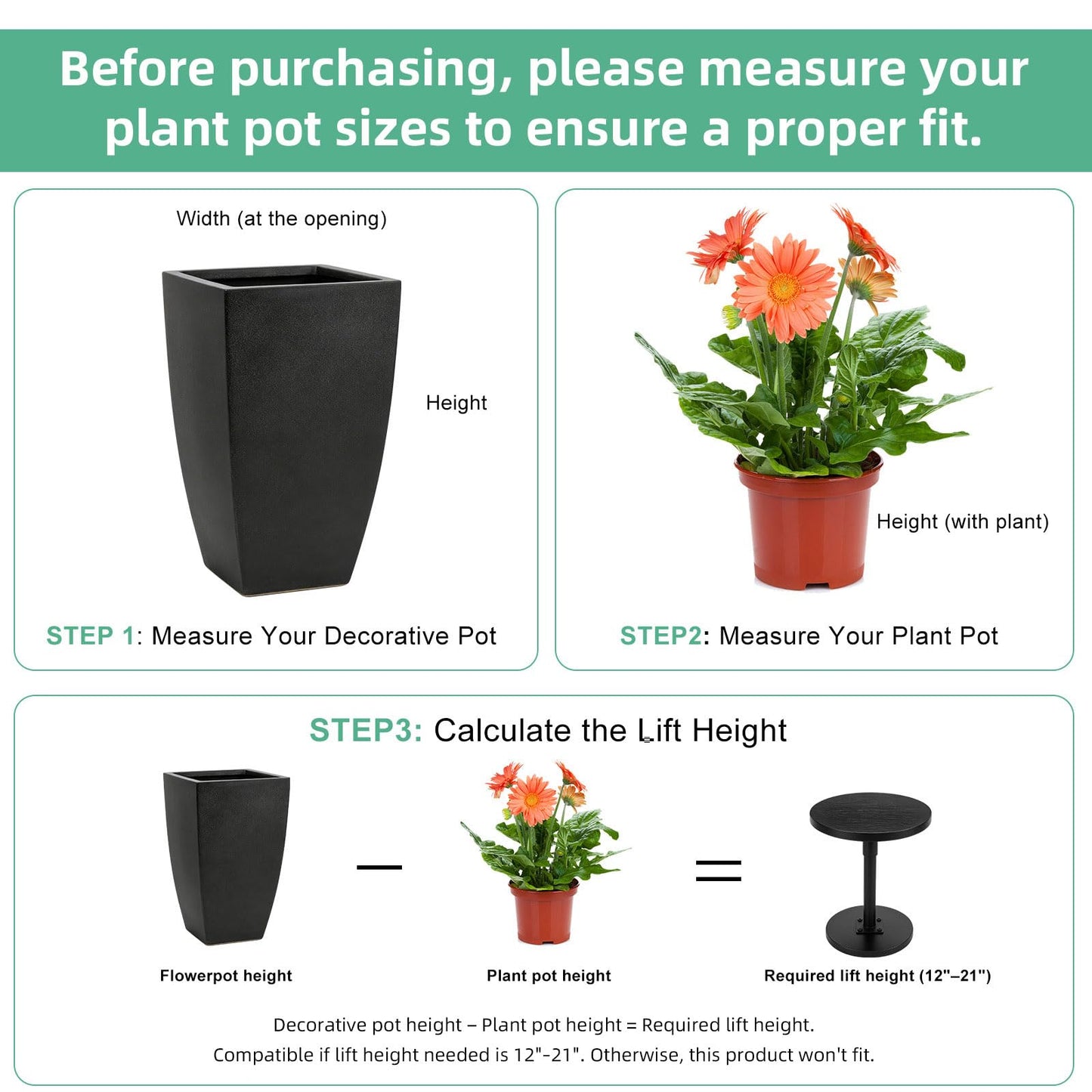 Plant Stand, Plant Risers for Inside Pots, Adjustable 12-21" with 3 Interchangeable Bases 6" 8" 10" - Metal Lifter for Tall Square Round Tapered Pots, Pot Filler Insert for Indoor Outdoor Garden, 2 PCS