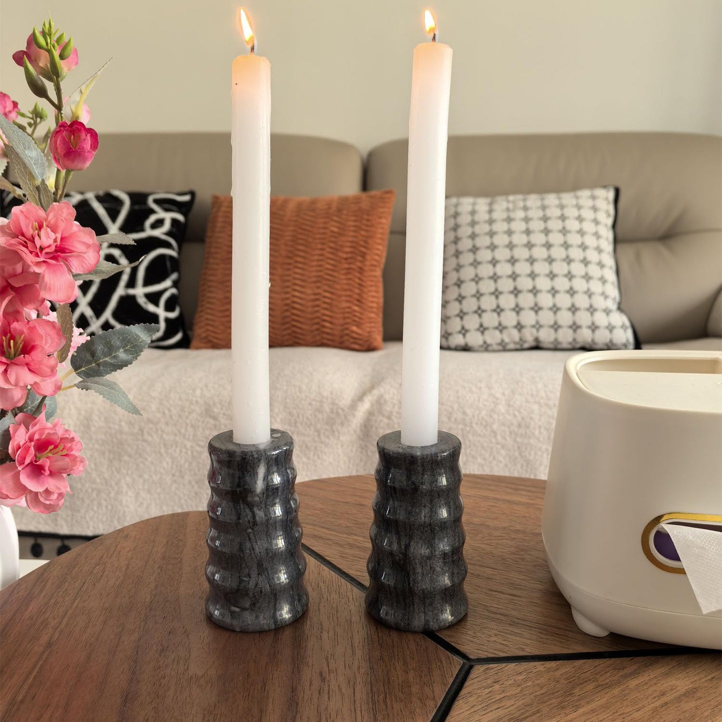 Marble Candlestick Holders, Set of 2 Natural Stone Candle Holder Decorative Candle ,(Marble Black)