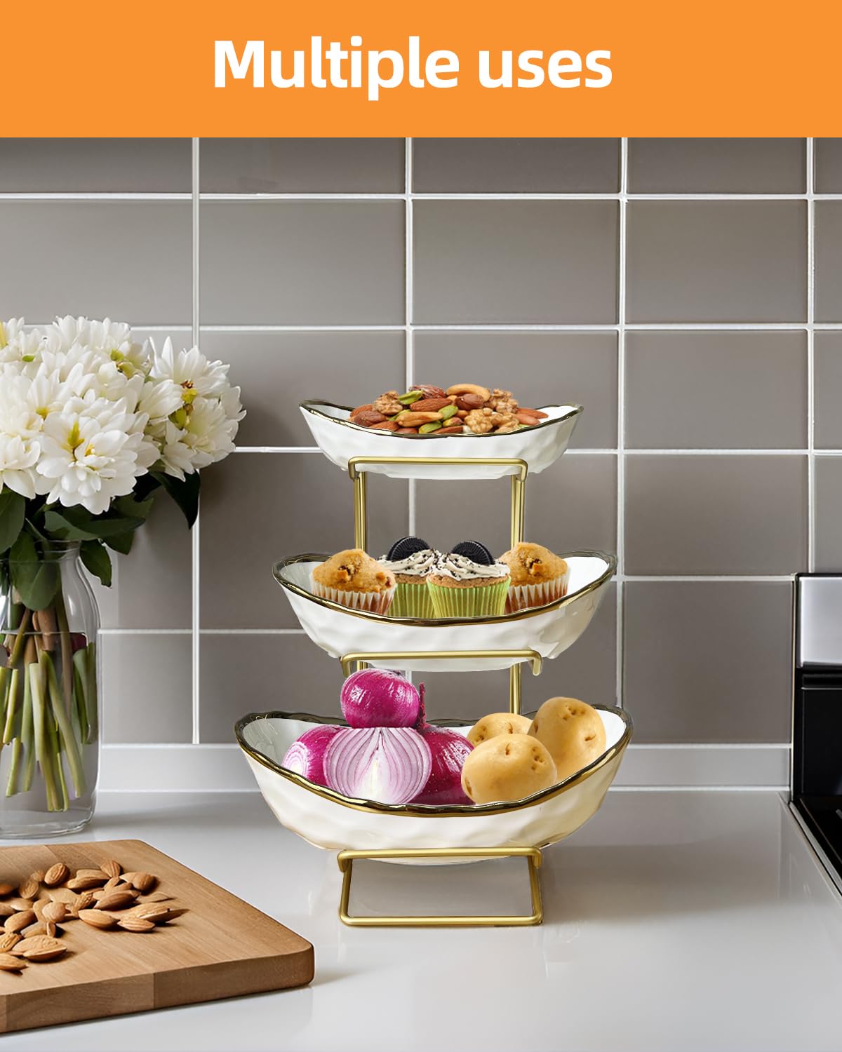 Niuirt Fruit Bowl for Kitchen Counter, 3-Tier Fruit Basket, Ceramic Fruit Bowl with Metal Stand for Fruit, Vegetable Storage, Snack, Nuts, Dessert, Cake, Stylish & Cute