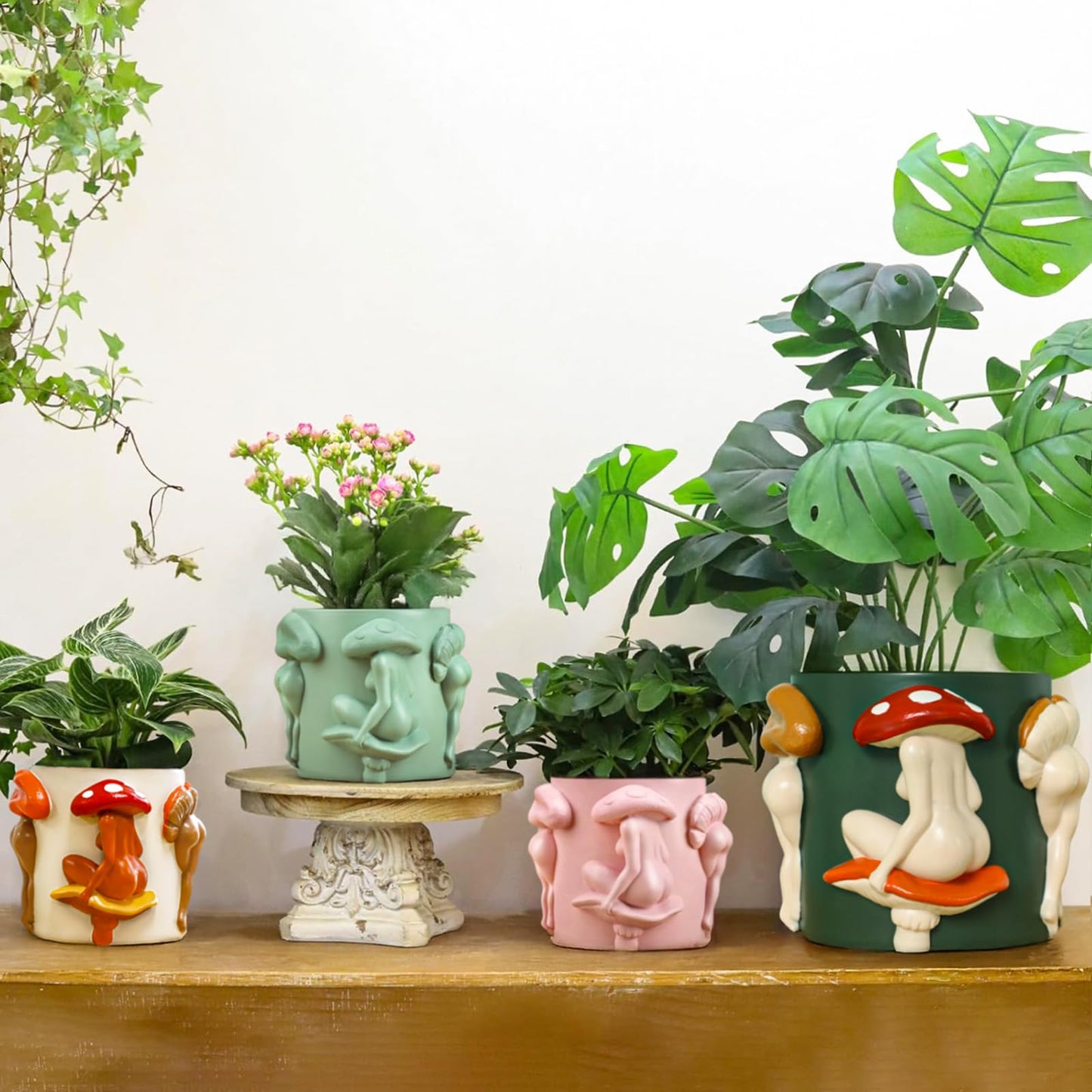 GUGUGO Mushroom Lady Body Plant Pots 8 Inch, Quirky Unique Cute Planters Boho Funky Eclectic Home Decor, Mushroom Butt Flower Pots, Indoor Planting Pot, Modern Aesthetic for Decorating, Dark Green