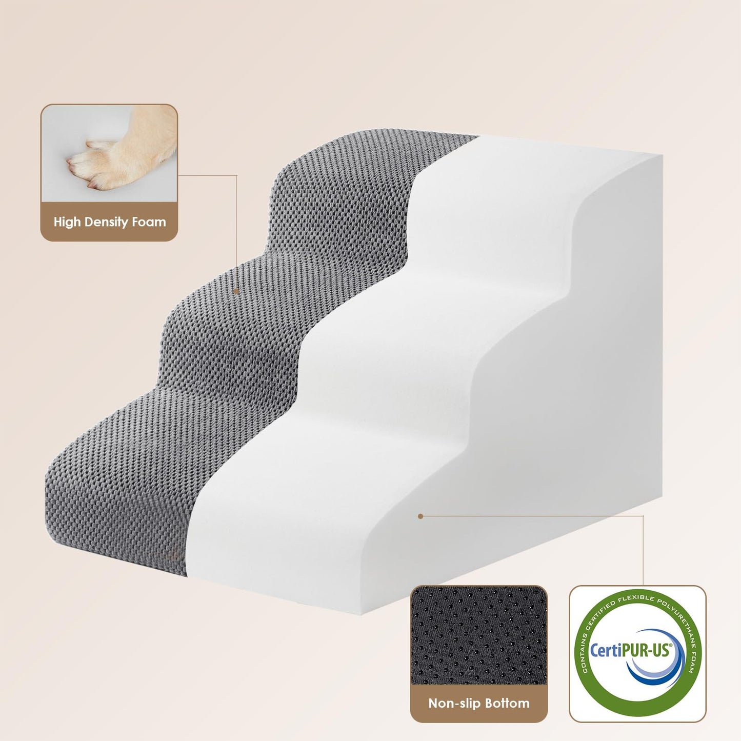 EHEYCIGA Curved Dog Steps for Bed, 3-Step Dog Stairs for Sofa, High Density Foam Pet Steps for Small Dogs and Cats, Pet Stairs for Couch, Non-Slip Dog Ramp with Washable Cover, 40x57x40cm, Dark Gray