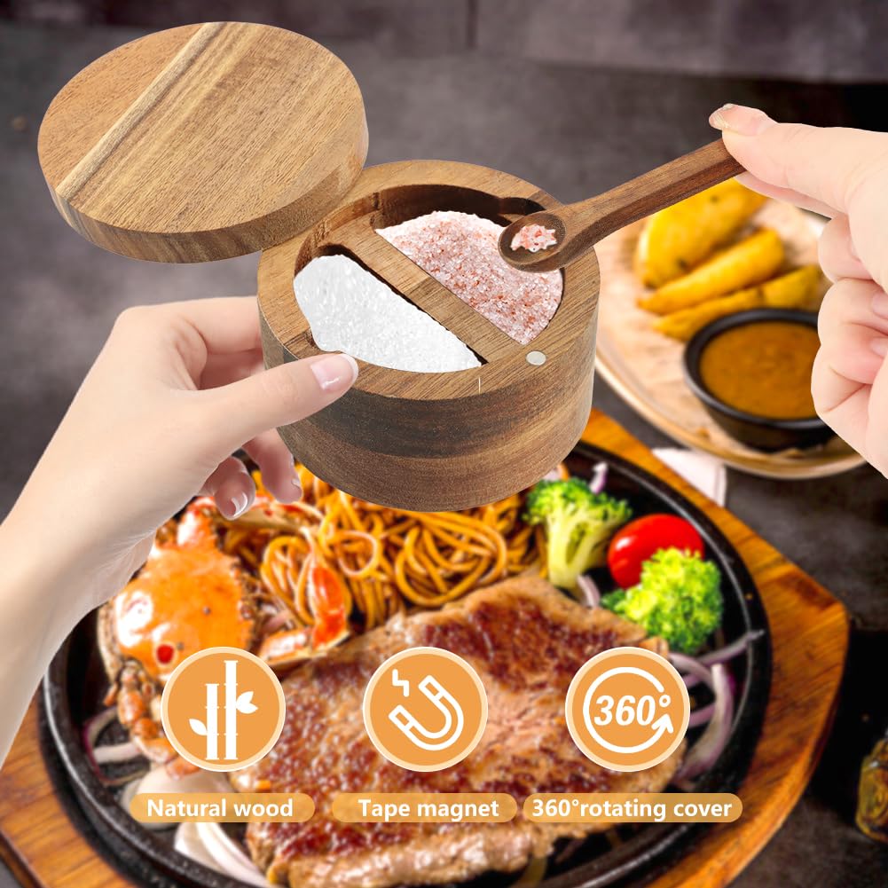 Saycker Wood Salt and Pepper Bowl, with Swivel Lid and Spoon Round Salt Container Spices Storage Box(4.06inchs)
