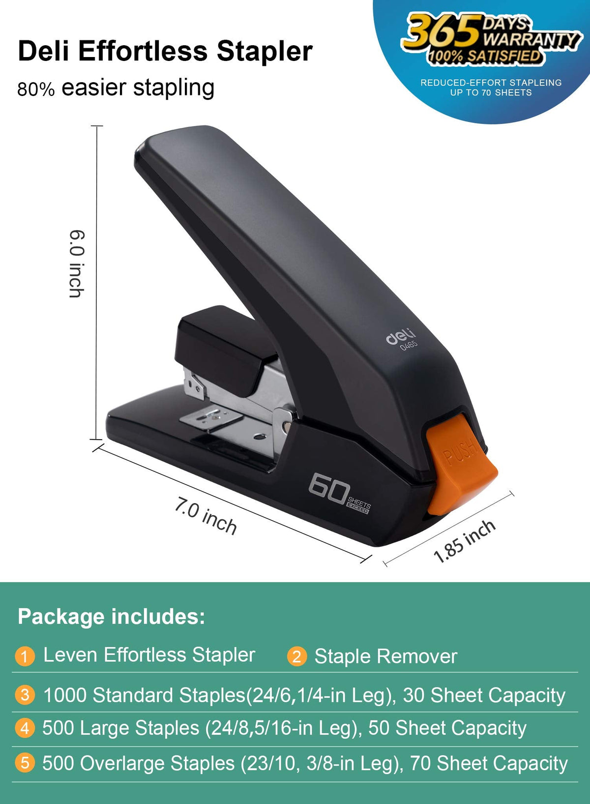 Deli Effortless Heavy Duty Stapler, One Touch Stapling, Easy to Load Ergonomic Stapler, 60 Sheet Capacity, Includes 2000 Staples and Staple Remover for Desktop