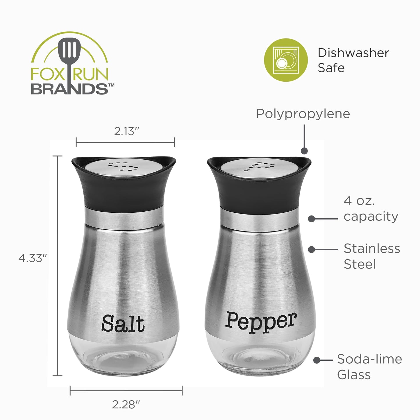 Fox Run Modern Salt and Pepper Shakers, Set of 2 Kitchen Shakers with 4 Ounce Capacity