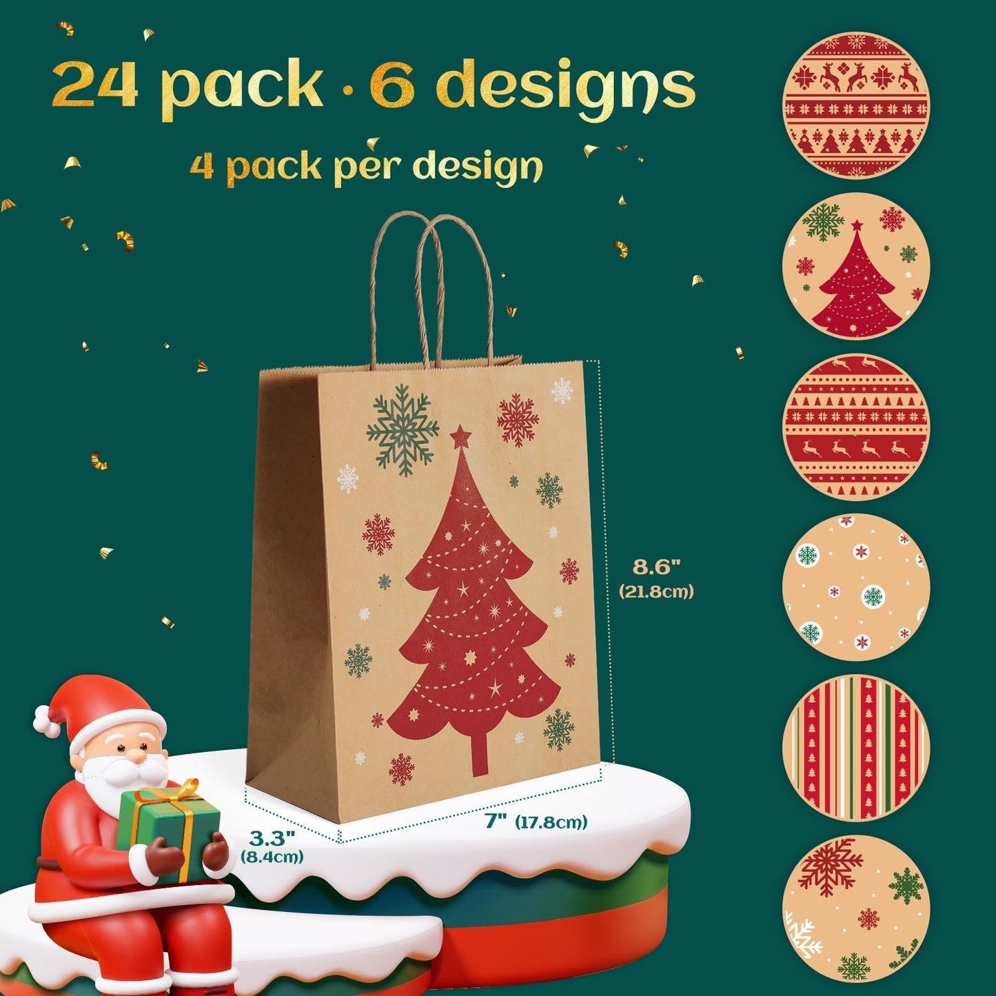 GSSUSA 24Pcs Christmas Gift bags 8.6x7x3.3'' Kraft Paper Bag with Handles, Assorted Designs Christmas Craft Bags,Sturdy Xmas Party Favors Bags, Holiday, Goodie, Treat, Retail Shopping bag