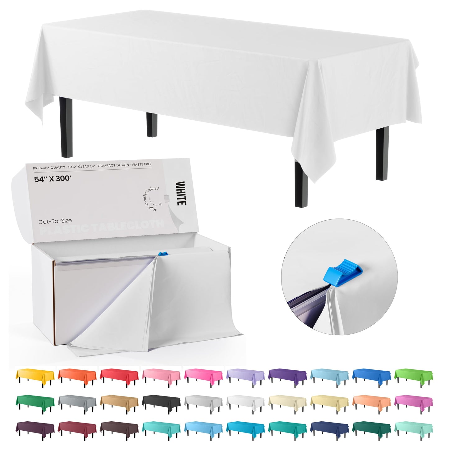 Exquisite Party Solids 54 Inch X 300 Feet White Plastic Table Cover Roll in A Cut - to - Size Box with Convenient Slide Cutter. Cuts Up to 36 Rectangle 8 Feet Plastic Disposable Tablecloths