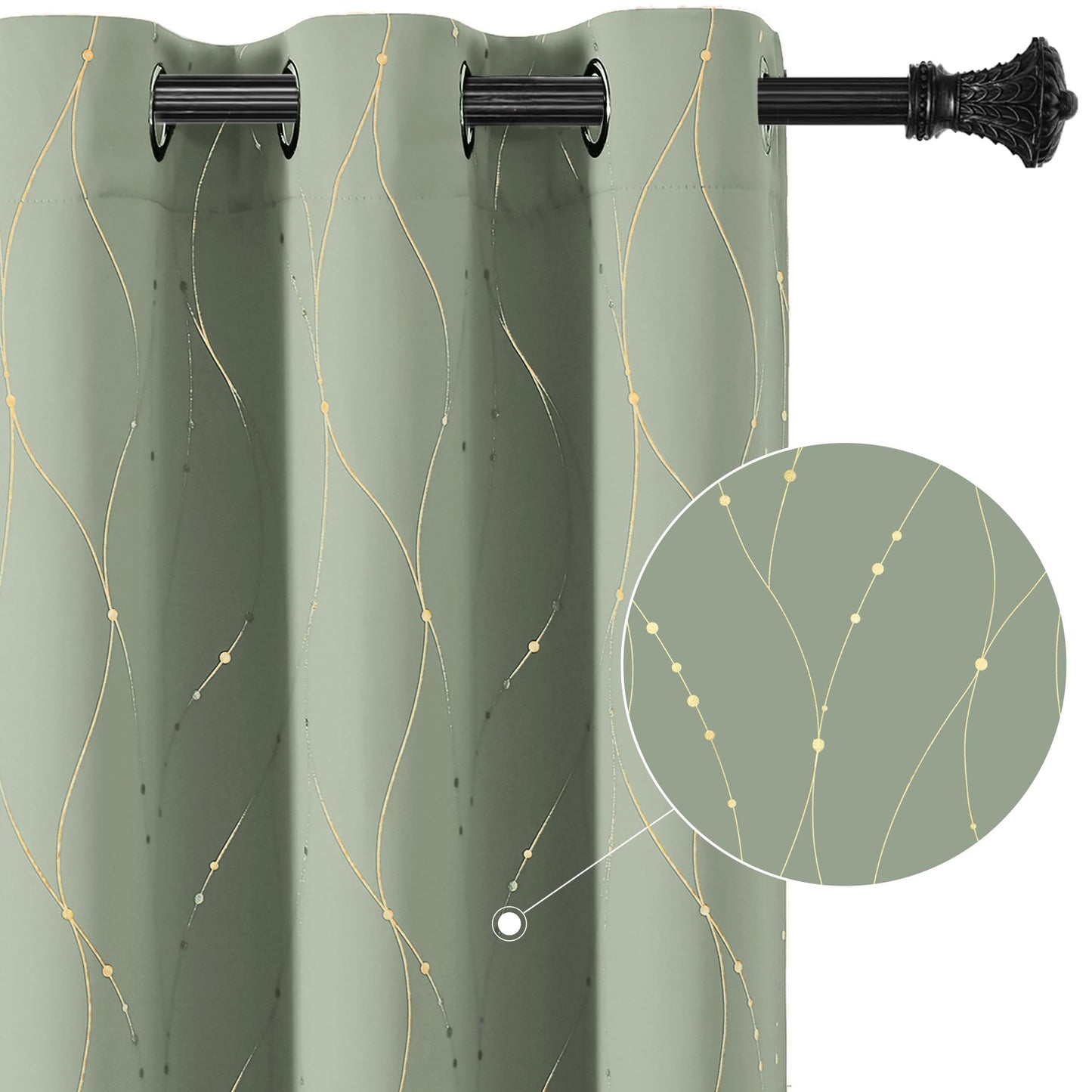 BUHUA Blackout Curtains Gold Foil Print Wave Line and Dots Grommet Drapes, Room Darkening Thermal Insulated Curtains, Noise Reducing Curtain for Bedroom, Sage Green, 52Wx84L, 2 Panels