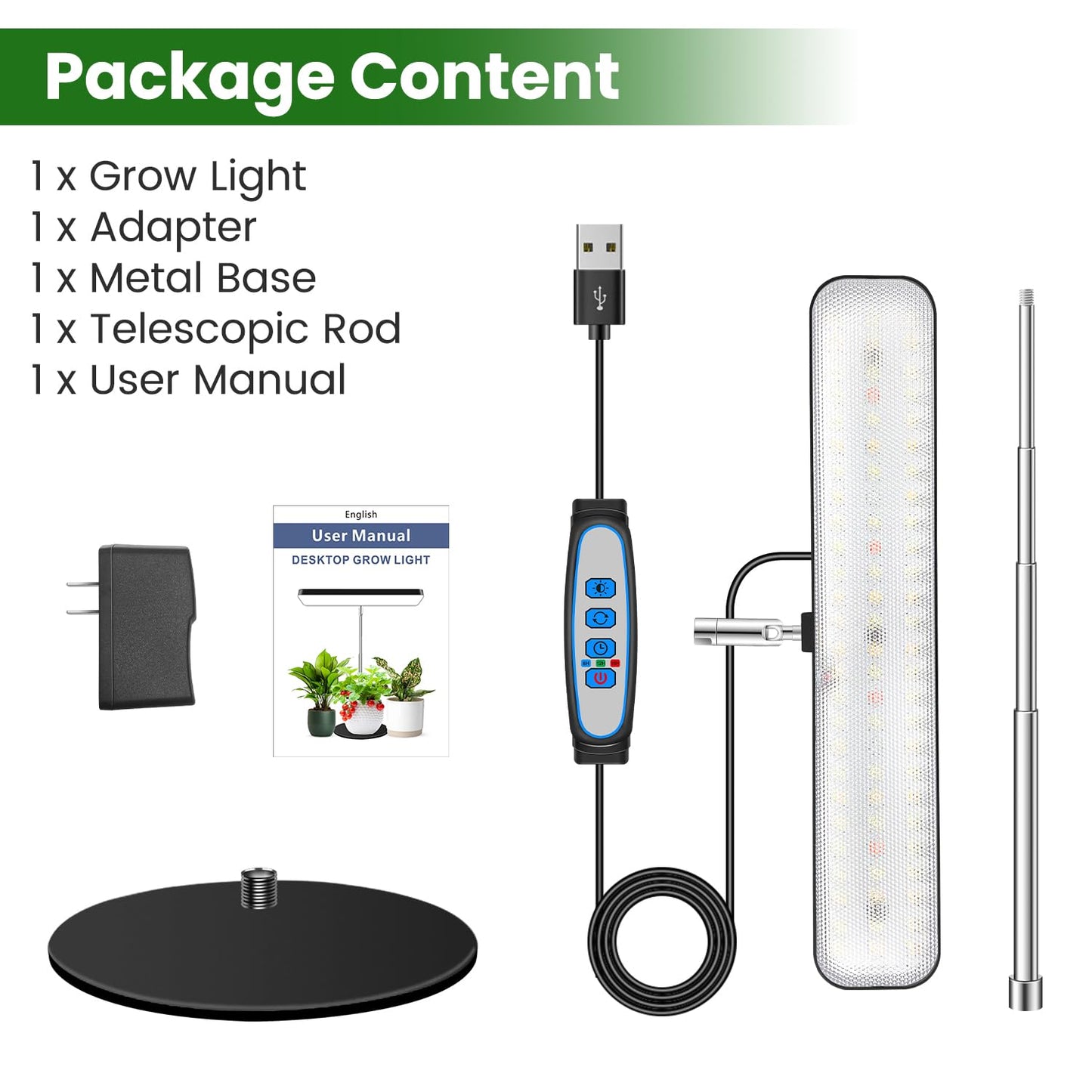 Aumtrly Grow Lights for Indoor Plants, Full Spectrum Table Plant Lights for Growing Small Plants, 5000K White Light LED Indoor Plant Light with Base, 26 Inch Height Adjustable, 6/12/16H Timer