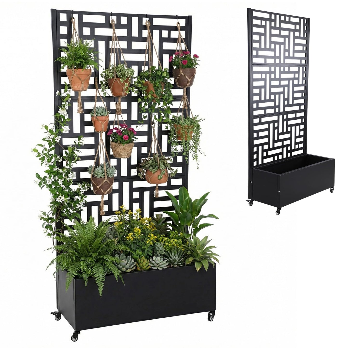 AZURAOKEY Metal Planter Box with Trellis Standing Planter Box for Climbing Plants/Vines Raised Garden Bed On Wheels 70.87x35.43x15.75 Inch (02)