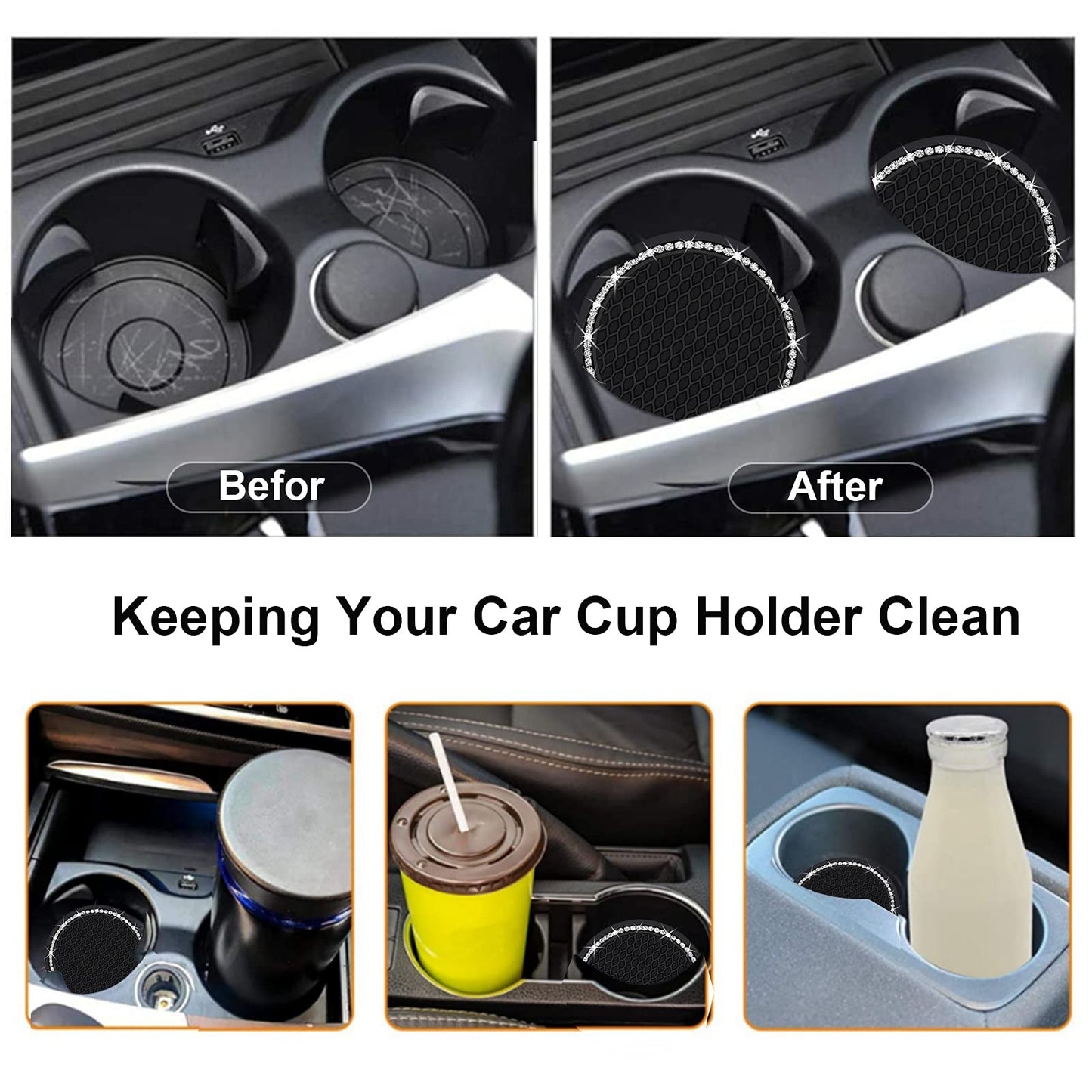 2PCS Bling Car Cup Coaster, 2.75 Inch Auto Cup Holder Insert Coasters Silicone Anti-Slip Crystal Rhinestone Drink Mat, Universal Vehicle Interior Accessories for Women Girls (Black)