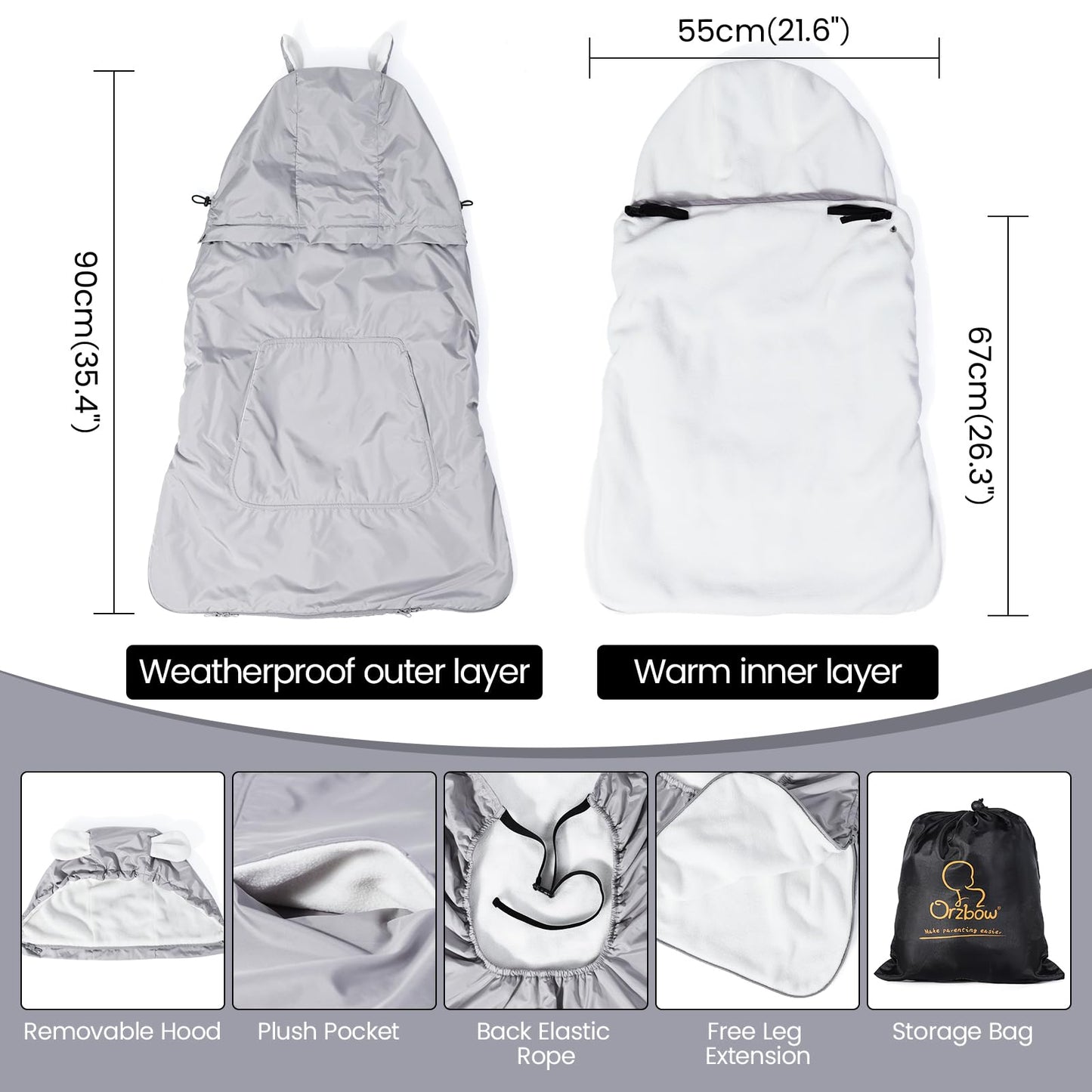 Orzbow Waterproof Baby Carrier Cover, Baby Carrier Cover Winter with Bag, Machine Washable, Central Pocket, Removable Drawstring Top, Bottom Double Two-Way Zippers, Light Grey Bear