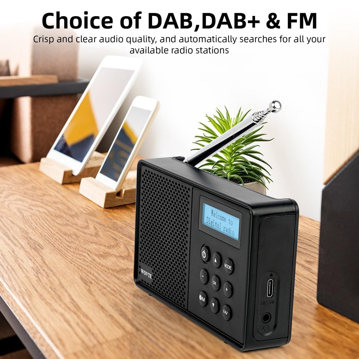 WOVTE DAB+ Digital Radio - Portable, Rechargeable & Mains Powered with Bluetooth, 40 Presets, LED Display, Alarm Clock, Sleep Timer & Headphone Socket