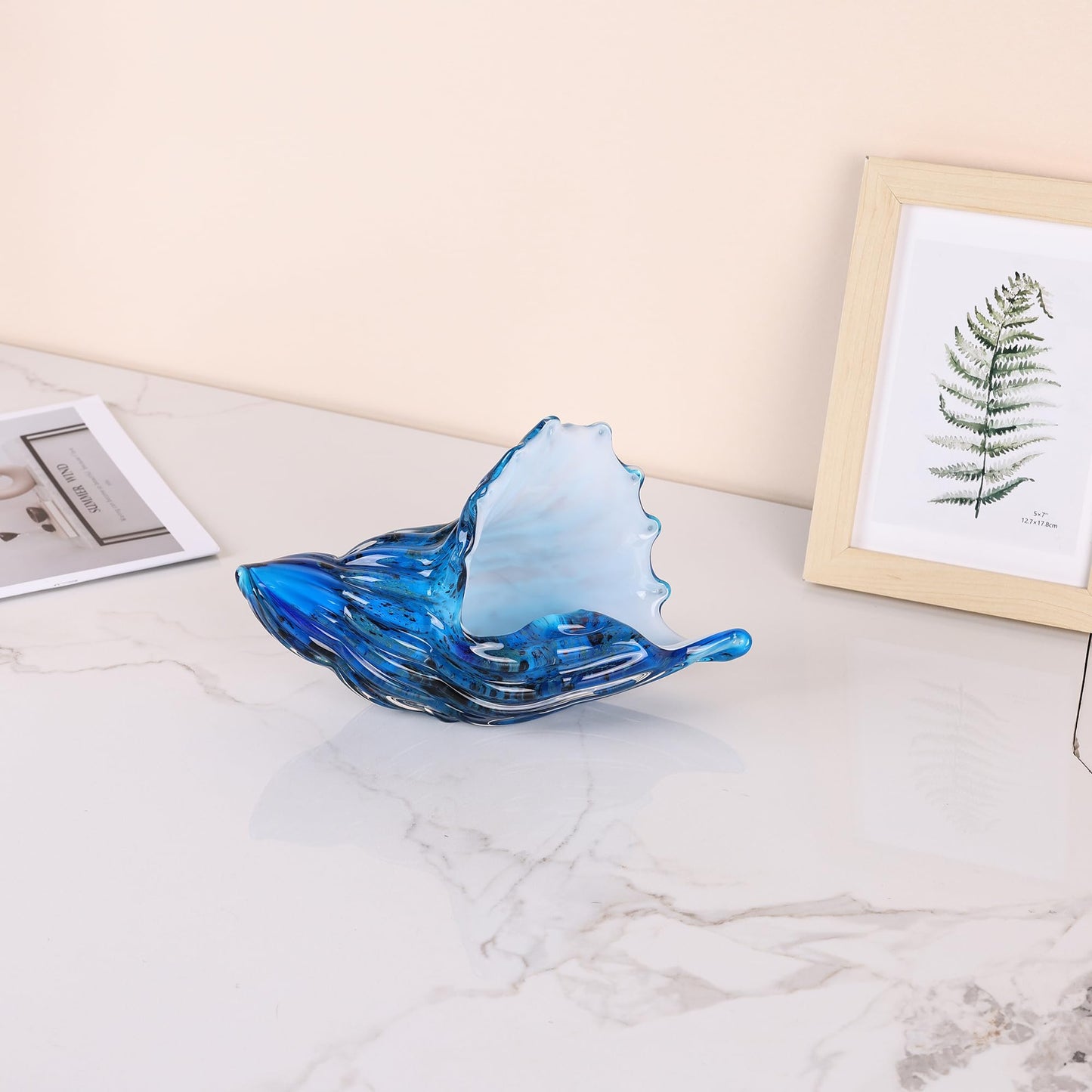 Sea Glass Art Figurines Hand Blown Sea Glass Conch Decor - Ocean Themed Coastal Room Decor, Sea Shell Sculpture Storage for Coastal Room Knick Knacks, Home Kitchen Decorations Above Cabinets (A)