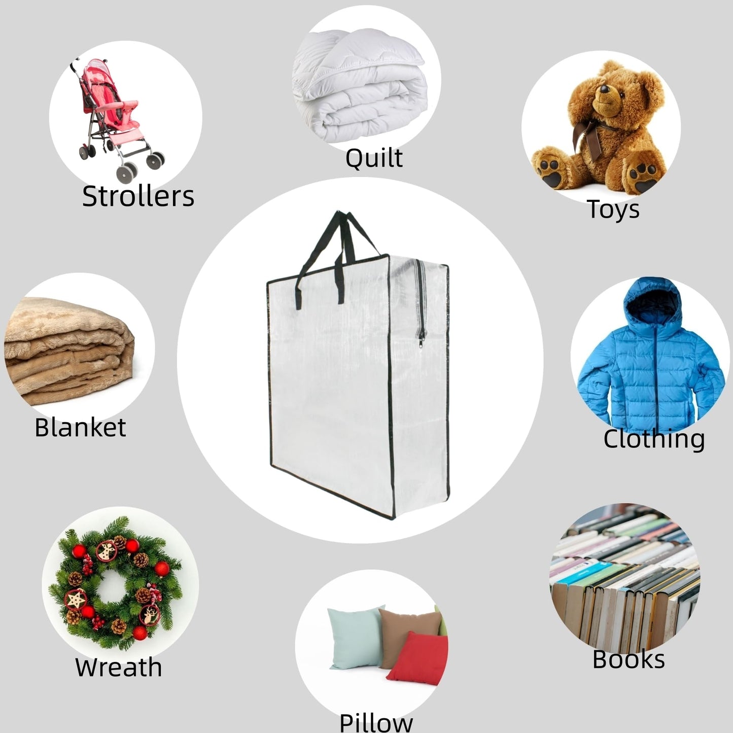 5 Pack Moving Bags, Wreath Storage Bag, Garland Container, Clear Storage Bags with Handles and Zippers Moving Bag for College Carrying, Bedding, Toys Organizer, Under the Bed Storage
