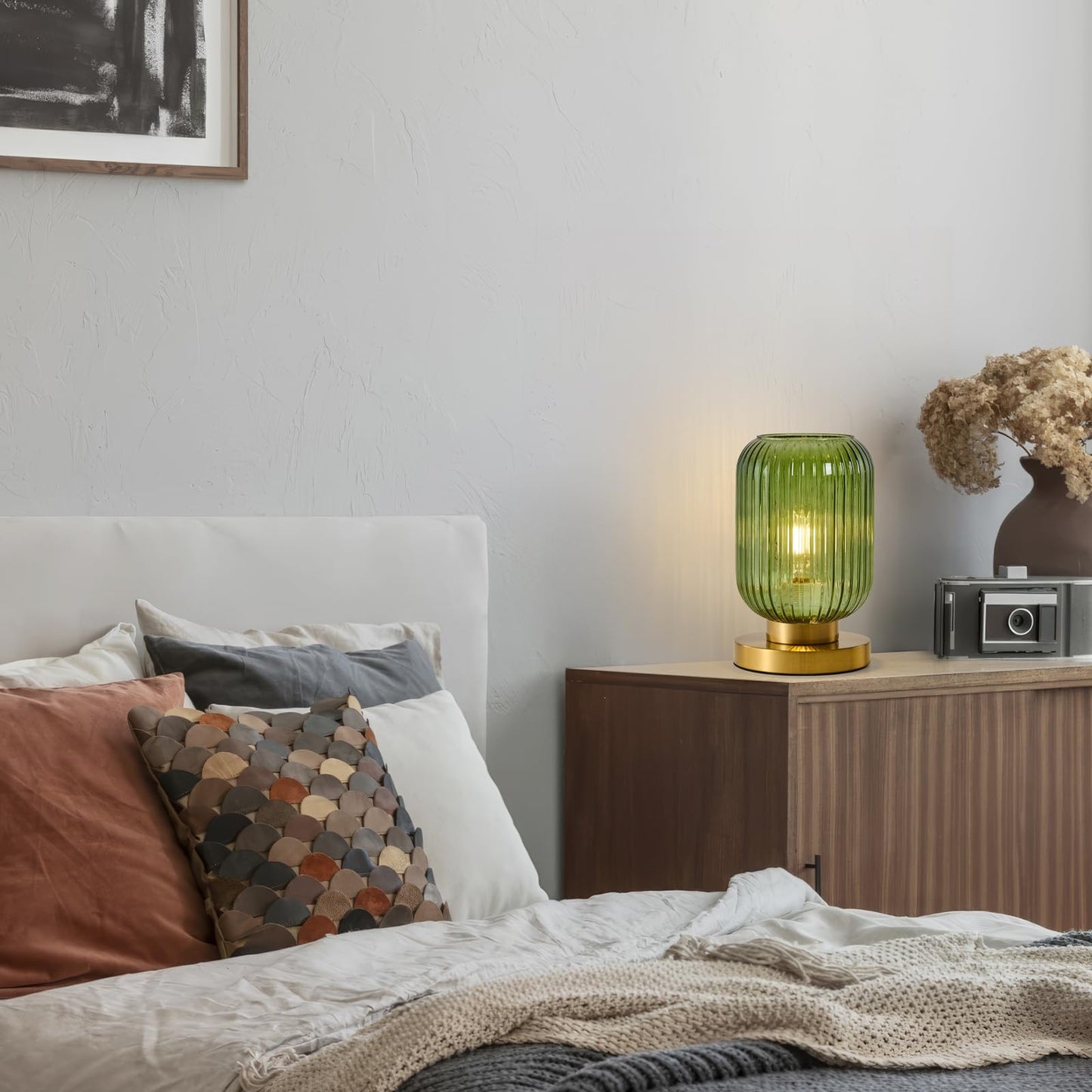 Mid Century Modern Table Lamp: Vintage Green Ribbed Glass Globe Dimmable Plug in Small Bedside Lamps - Cute Brass Gold Side Table Lamp Nightstand Light for Bedroom Entryway Office Desk Living Room