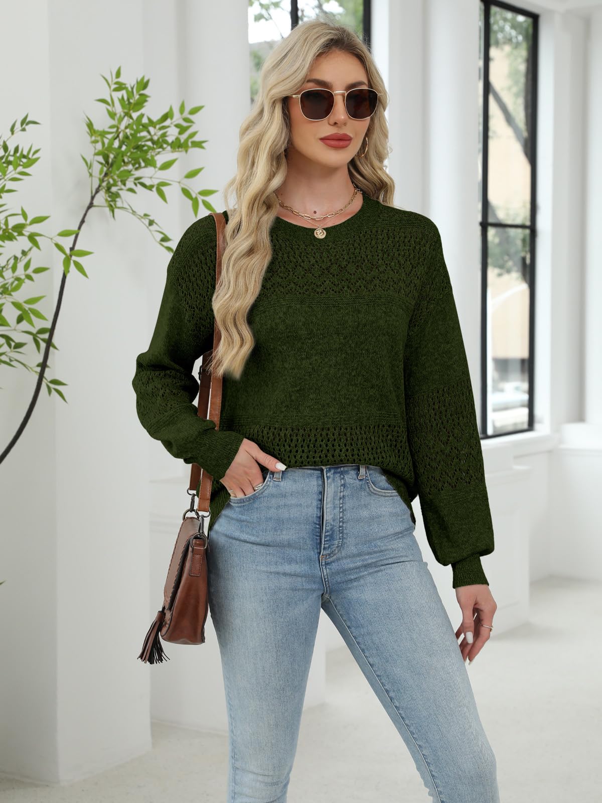 Lylinan Womens Sweaters Casual Boho Long Sleeve Shirts Crewneck Lightweight Crochet Tops Pullover Knit Sweater