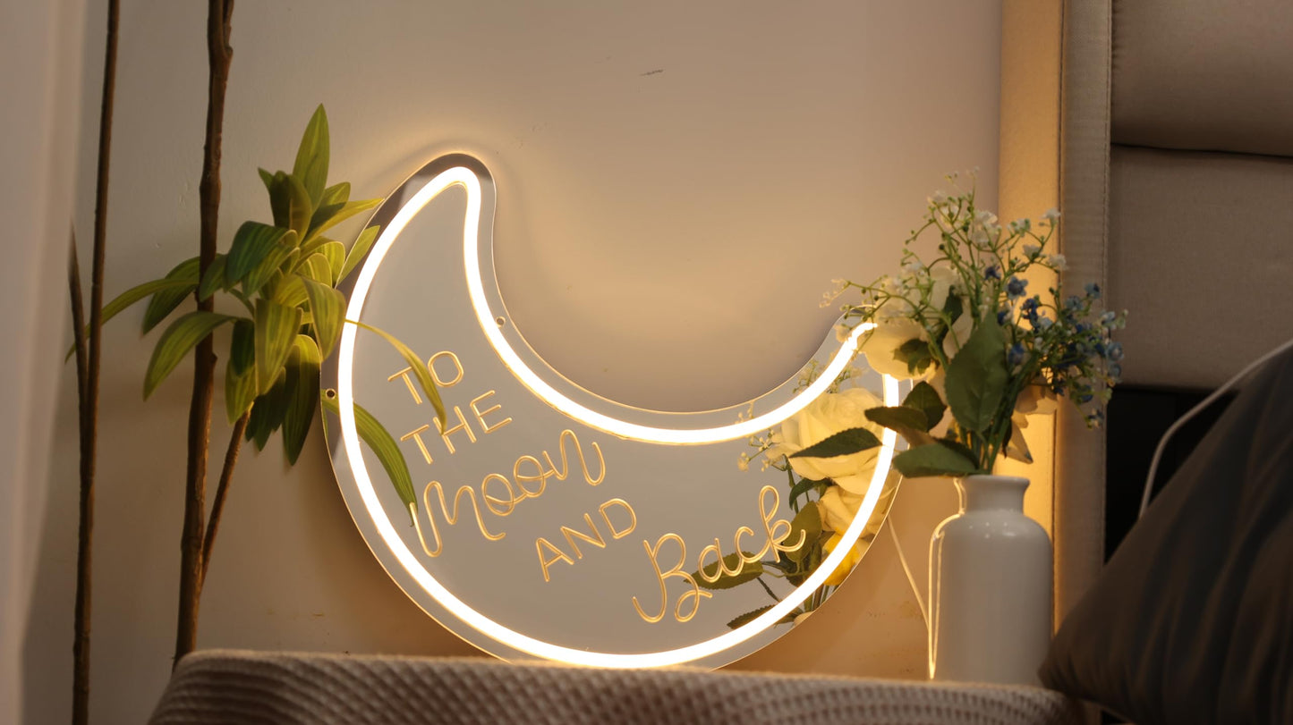 To-The-Moon Neon Sign Mirror Moon Decor with Light for Home Engraved Neon Sign for Wedding Party Home Christmas Decorations
