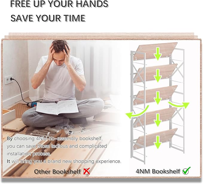 4NM 5 Tiers No Assembly Book Shelves, 51.2" H Folding Bookshelf Bookcase Open