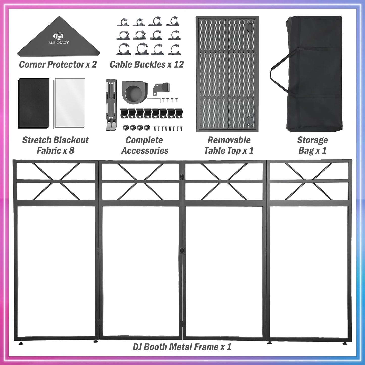 DJ Booth - Adjustable Height (33inch / 37.8inch), Portable DJ Table Stand with Carry Bag, Black & White Blackout Cloth, Foldable DJ Facade Booth for Event, Parties, Festival, Clubs (41.1 x 20.5inch)