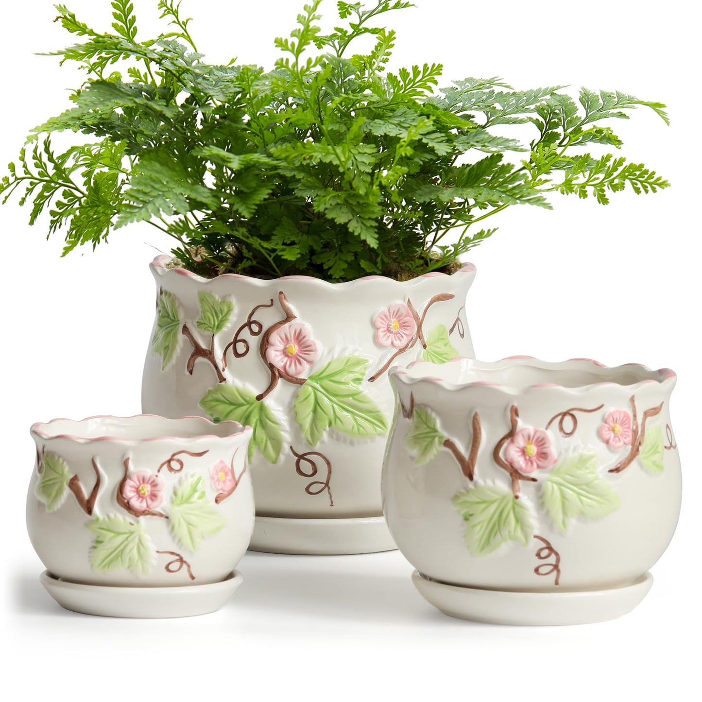 STHIE Ceramic Plant Pots with Drainage Holes and Saucers, Round Flower Pots for Indoor Plant, 4/5.2/6.6 Inches Vintage Flower Planters Set of 3