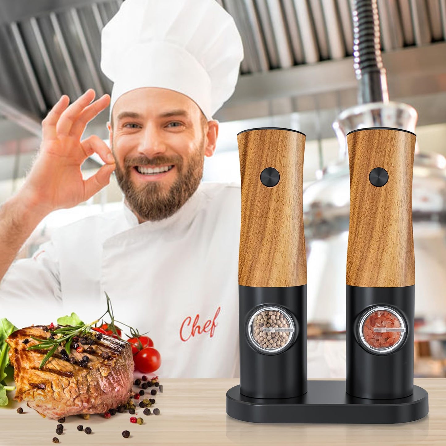 Electric Salt and Pepper Grinder Set - Automatic Battery Powered Salt Grinder Salt and Pepper Shakers Set Electric with Auto Light Adjustable For Gravity Operated Wood Grain Peppercorn Mill