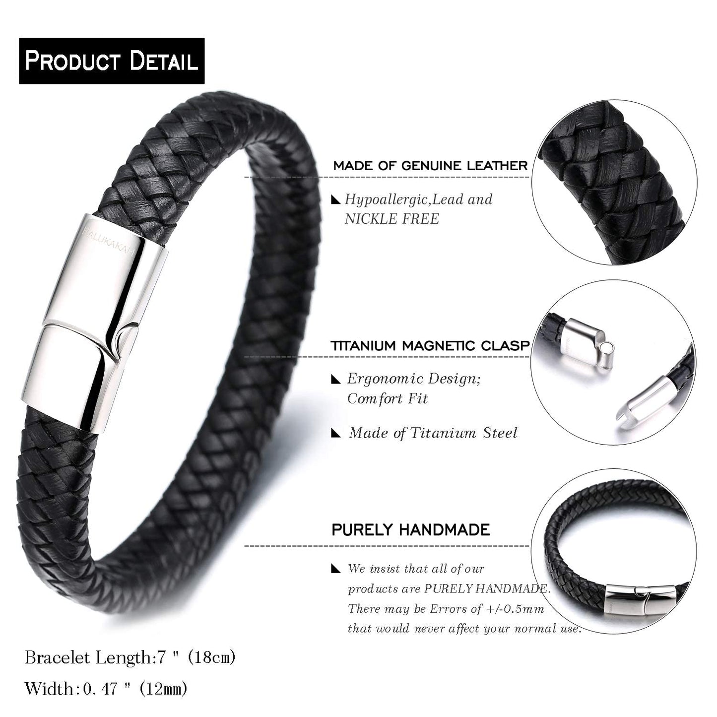 HALUKAKAH Kids ● Solo Junior ● Boy's Genuine Leather Bracelet Classic Black 6-12 Y/O. Titanium Magnetic Clasp 7"/18cm,Free Giftbox