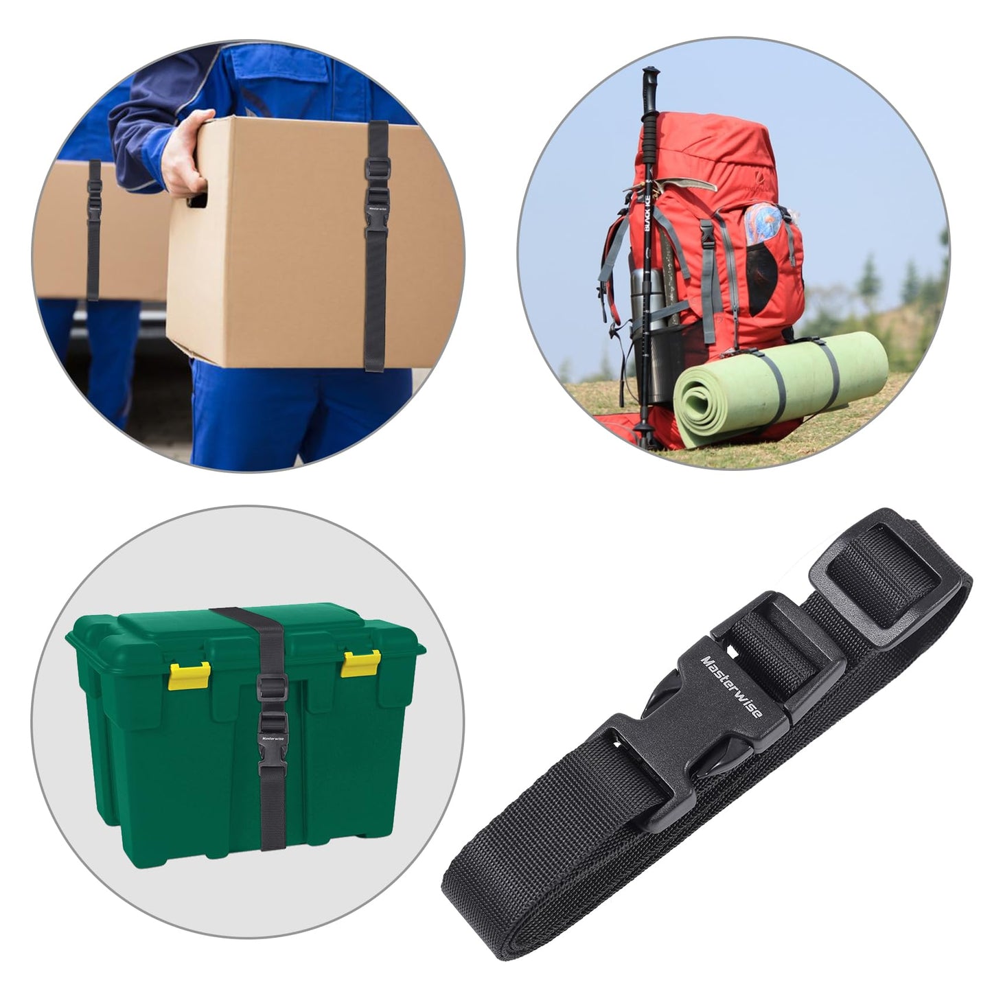 Masterwise Buckle Straps with Clips, Adjustable Nylon Straps with Buckle, Black 4 Pack (4‘x0.75“)