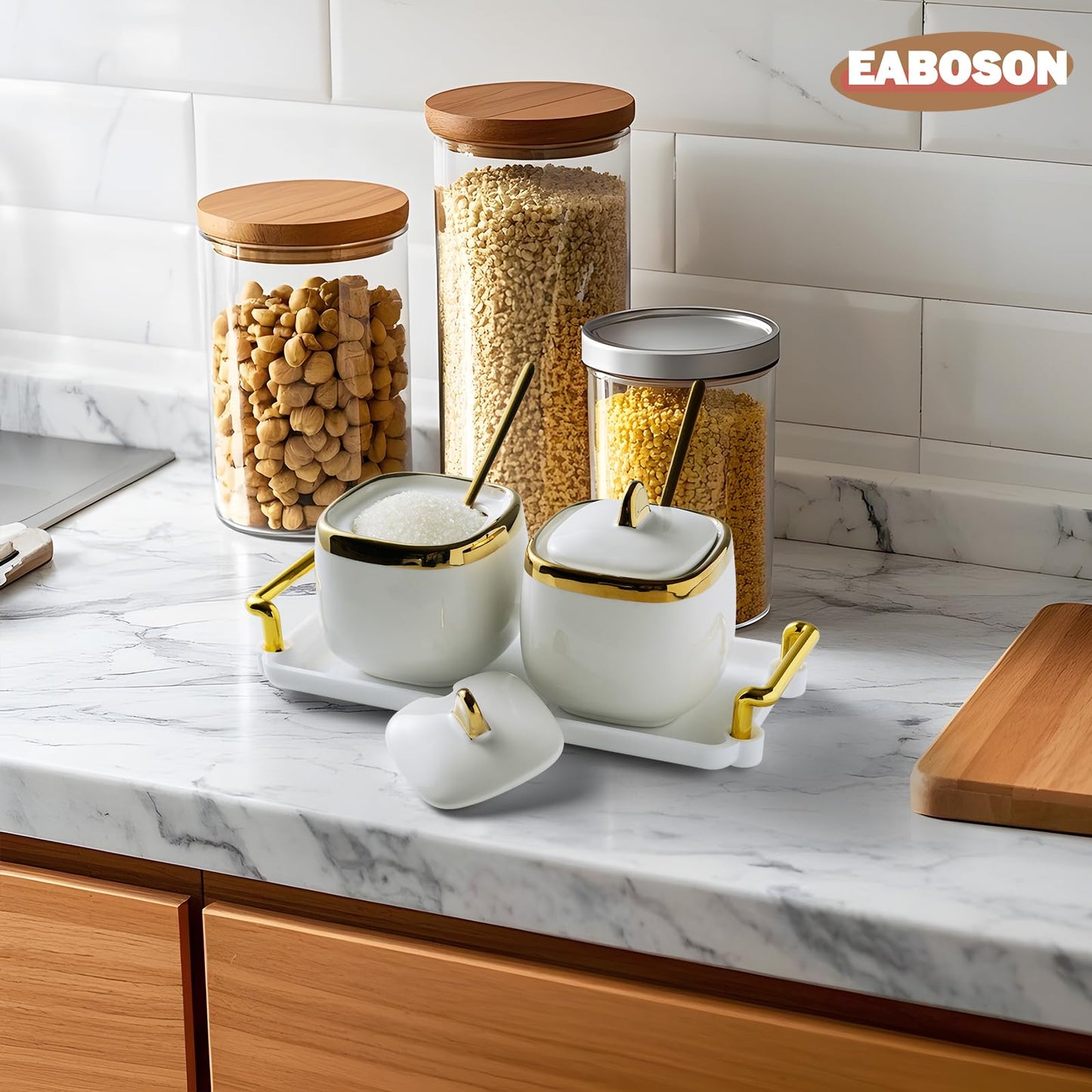 EABOSON Ceramic Sugar Bowl 2 Pack, Porcelain Seasoning Jar with Tray, Spoon and Lid for Sugar, Pepper, Coffee, Spice, Salt (Gold)