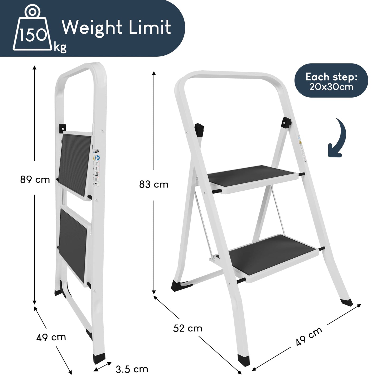 Home Vida 2 Step Ladder - Heavy Duty Steel Folding Ladder with Slip-Resistant and Wide Steps, Folding Mechanism, 150kg Max Load, Home/Kitchen/DIY/Garden Use, White