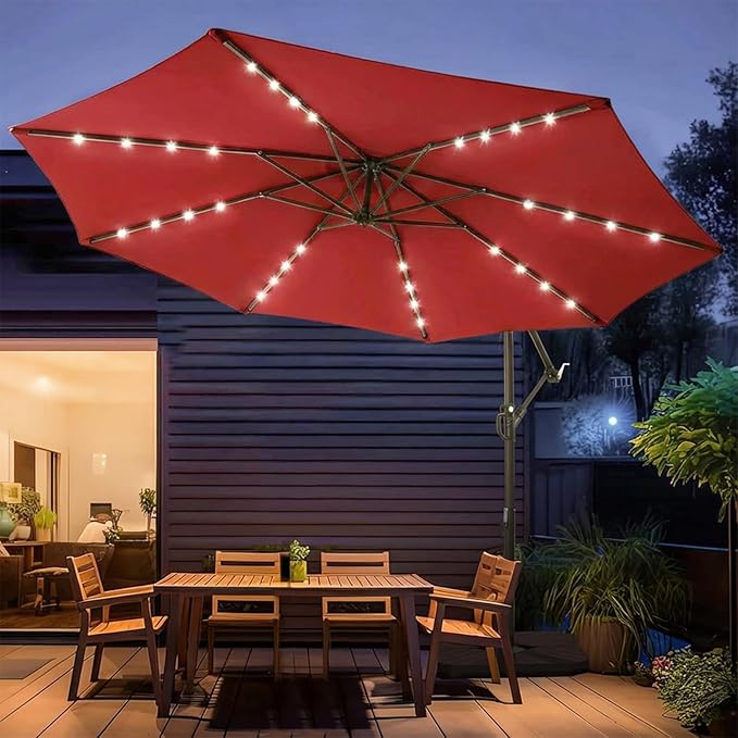 wikiwiki 10ft Solar LED Patio Umbrella with Base Included, Offset Umbrella with Weighted Sandbag Base, Cantilever Patio Umbrellas for Backyard, Garden & Deck, 32 LED Lights & Polyester Shade, Red